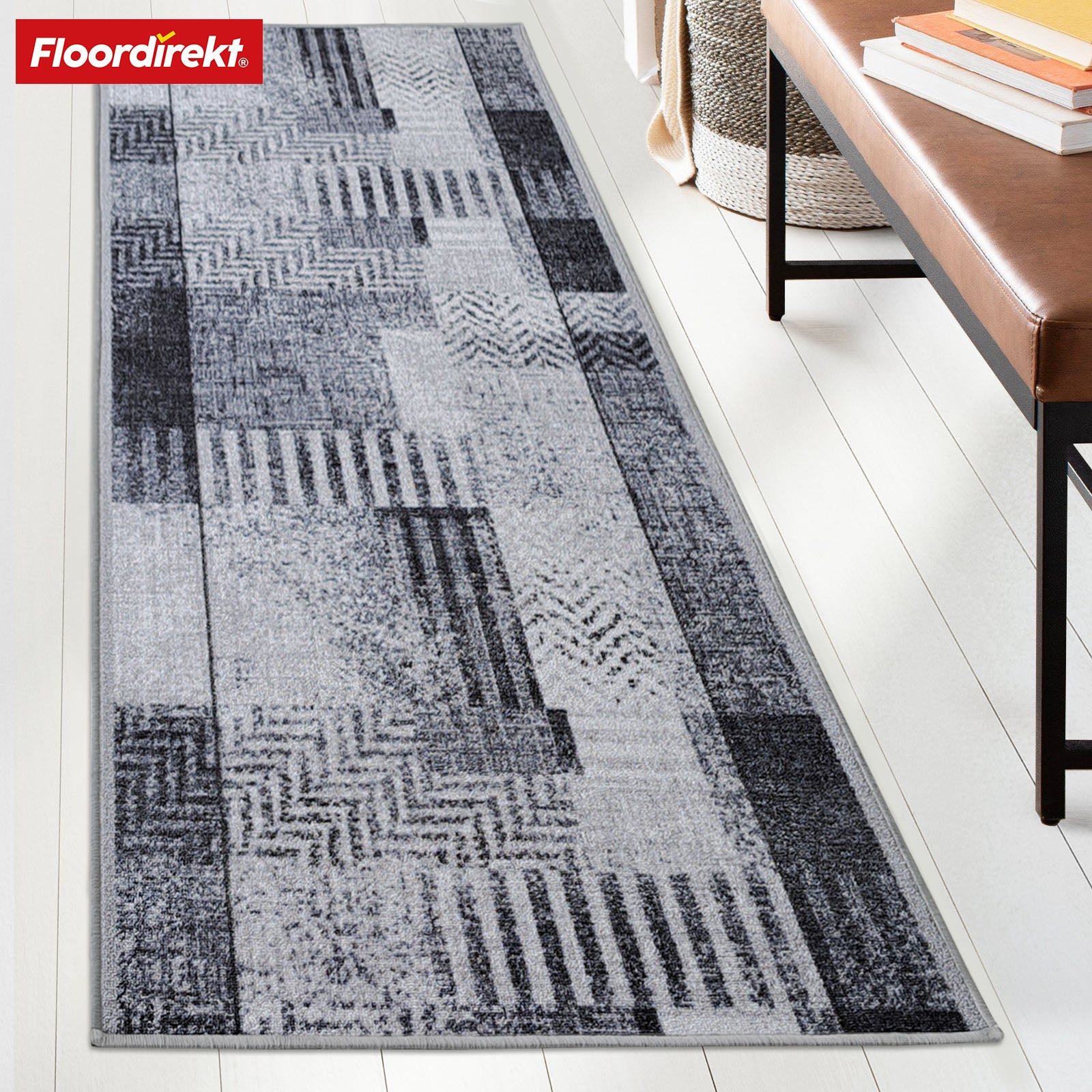 Tapijtloper op maat | Cordoba | grijstinten met patroon | antislip & robuust | 80 cm breed