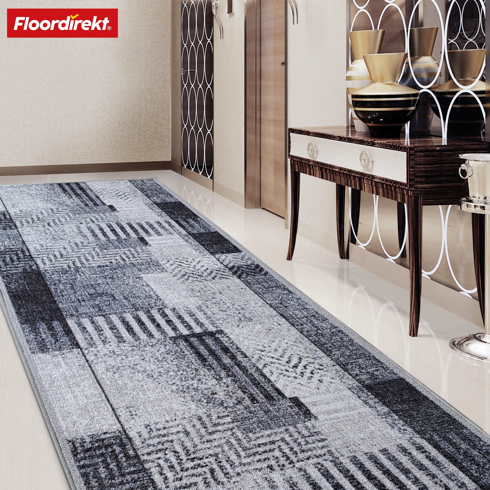 Tapijtloper op maat | Cordoba | grijstinten met patroon | antislip & robuust | 80 cm breed