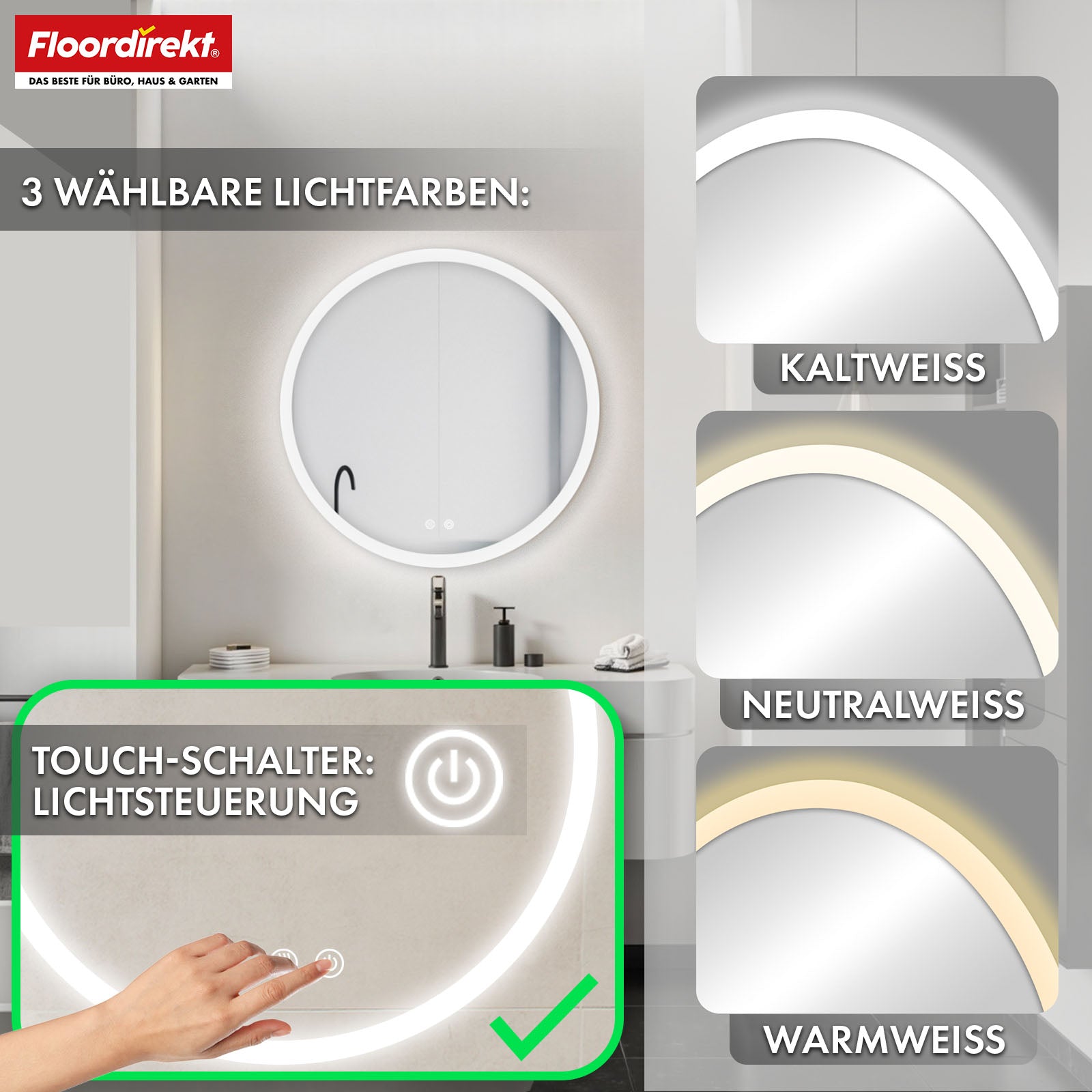 Badspiegel met ledverlichting | Liora | Touchbediening met anticondensfunctie en 3 selecteerbare lichtkleuren | Verkrijgbaar in verschillende maten