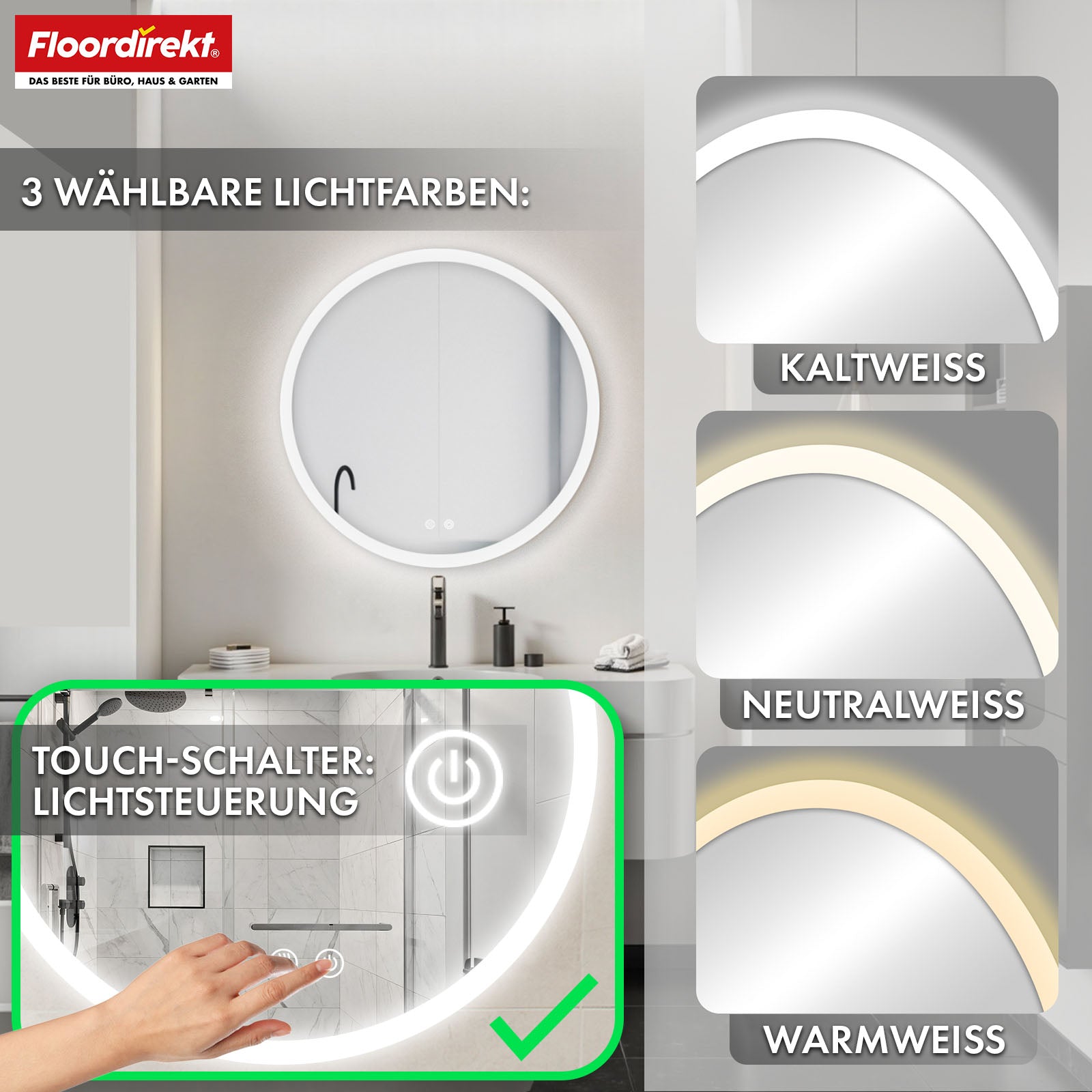 Badspiegel met ledverlichting | Liora | Touchbediening met anticondensfunctie en 3 selecteerbare lichtkleuren | Verkrijgbaar in verschillende maten