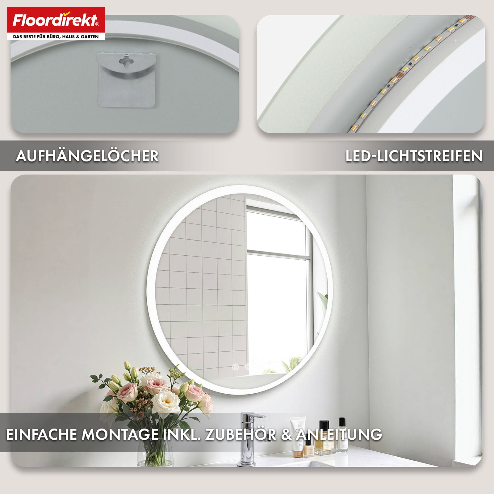 Badspiegel met ledverlichting | Liora | Touchbediening met anticondensfunctie en 3 selecteerbare lichtkleuren | Verkrijgbaar in verschillende maten