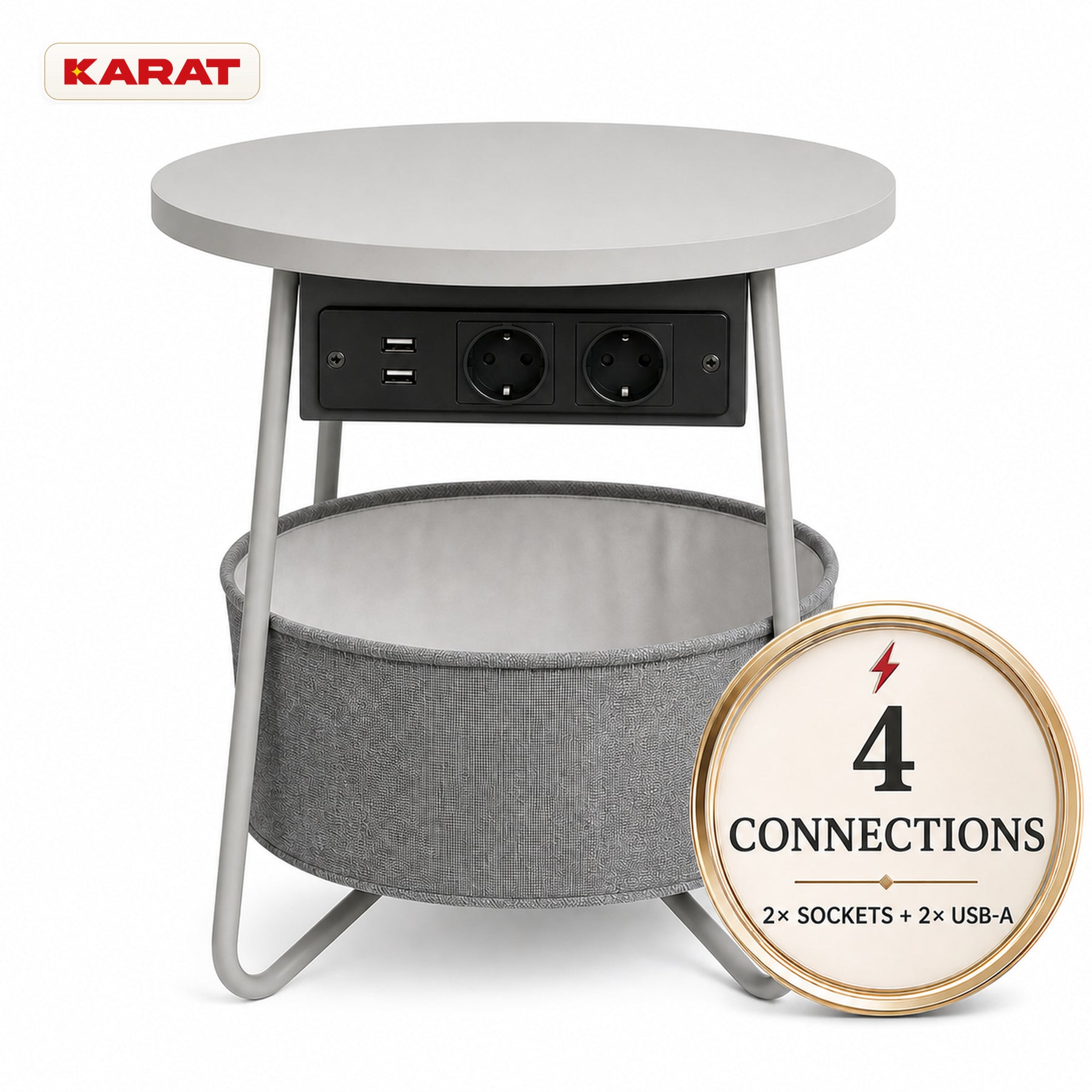 Bijzettafel | Dario | Ronde salontafel met 2 stopcontacten, 2 USB-A & opbergmand | Ø 45 cm | 4 kleuren