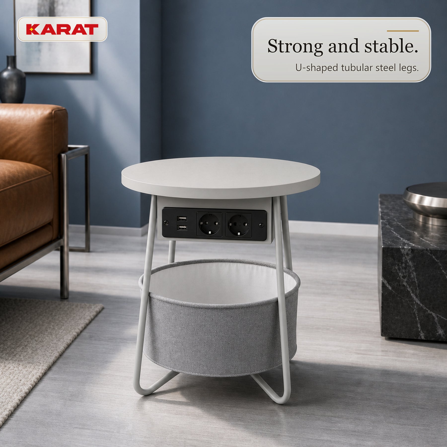Bijzettafel | Dario | Ronde salontafel met 2 stopcontacten, 2 USB-A & opbergmand | Ø 45 cm | 4 kleuren