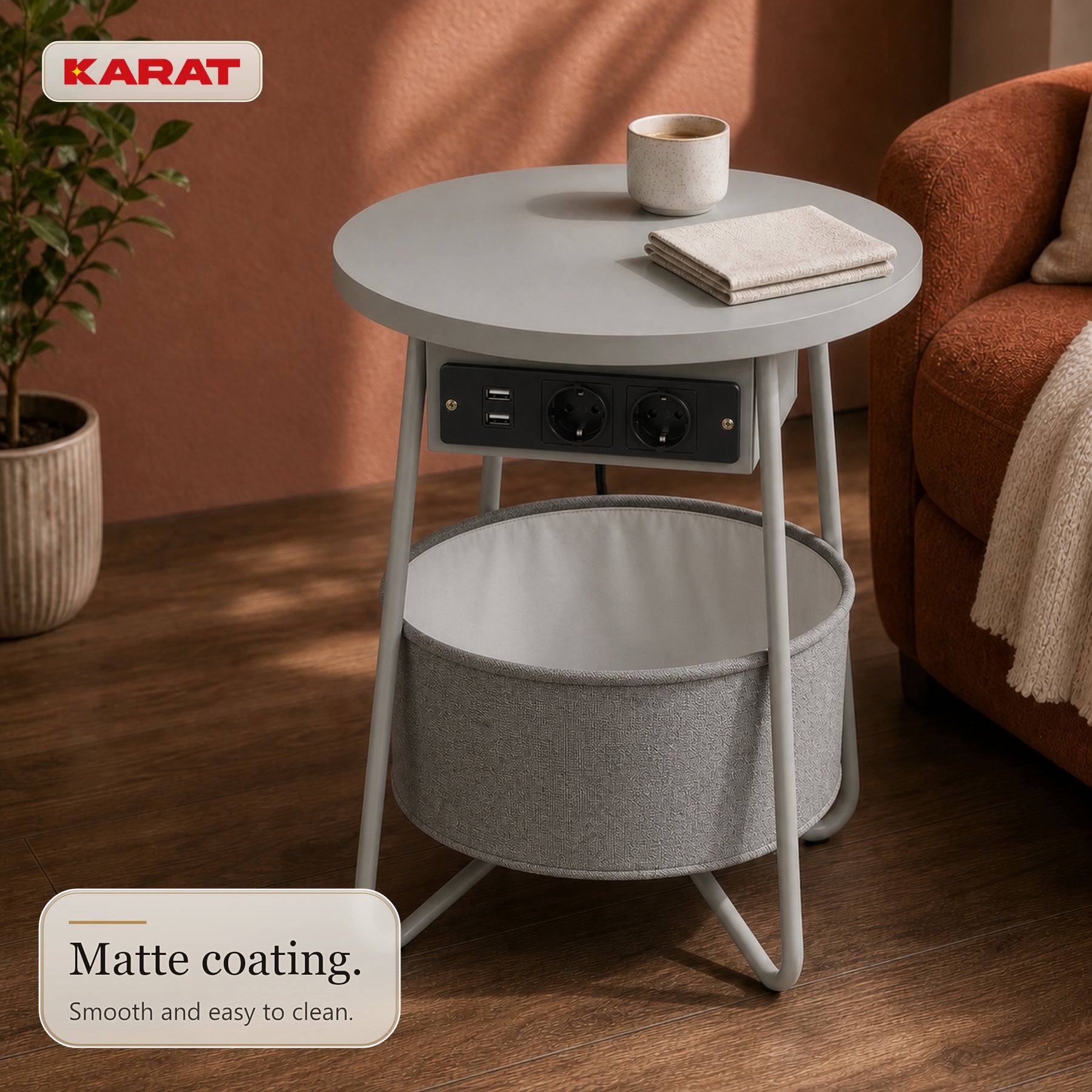 Bijzettafel | Dario | Ronde salontafel met 2 stopcontacten, 2 USB-A & opbergmand | Ø 45 cm | 4 kleuren