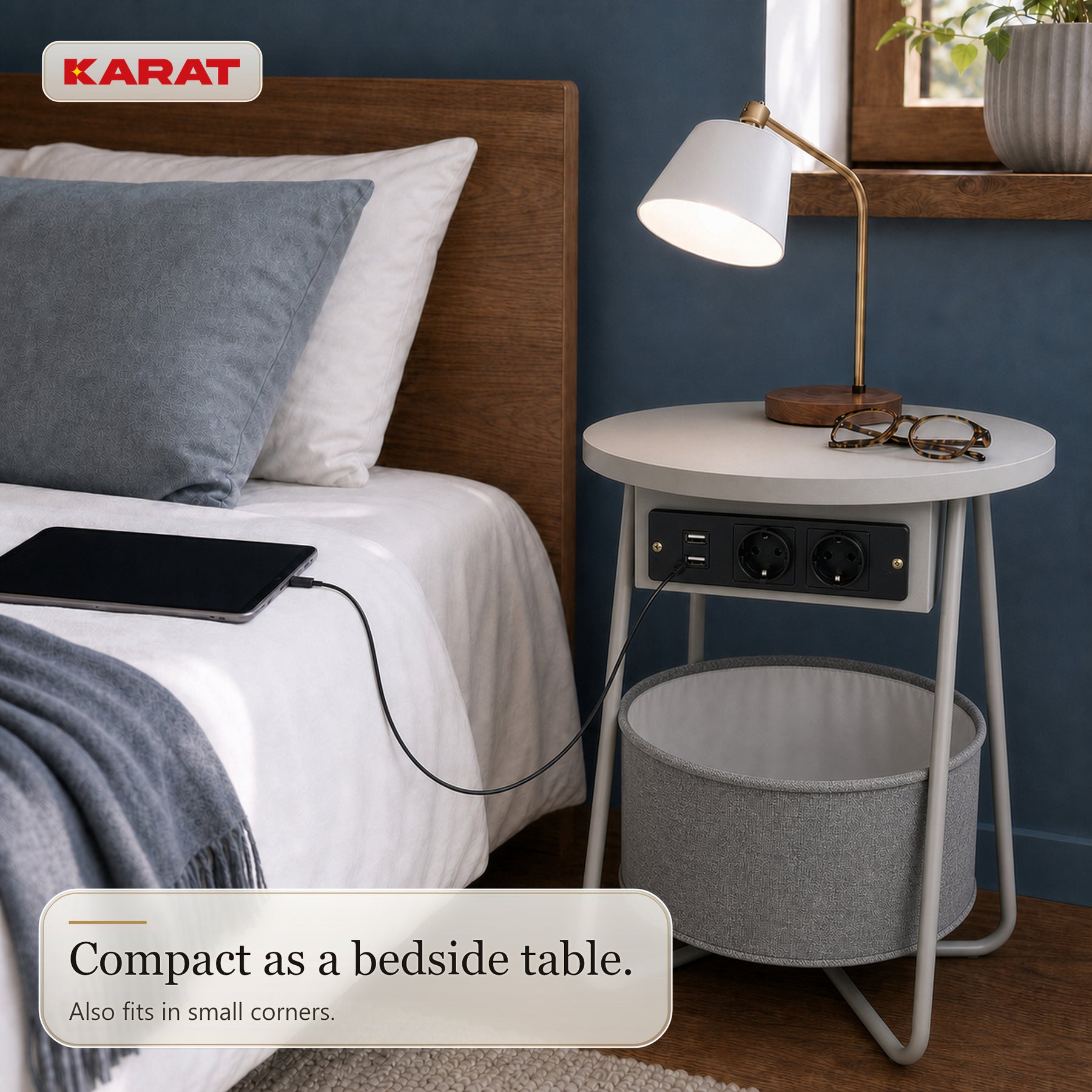 Bijzettafel | Dario | Ronde salontafel met 2 stopcontacten, 2 USB-A & opbergmand | Ø 45 cm | 4 kleuren