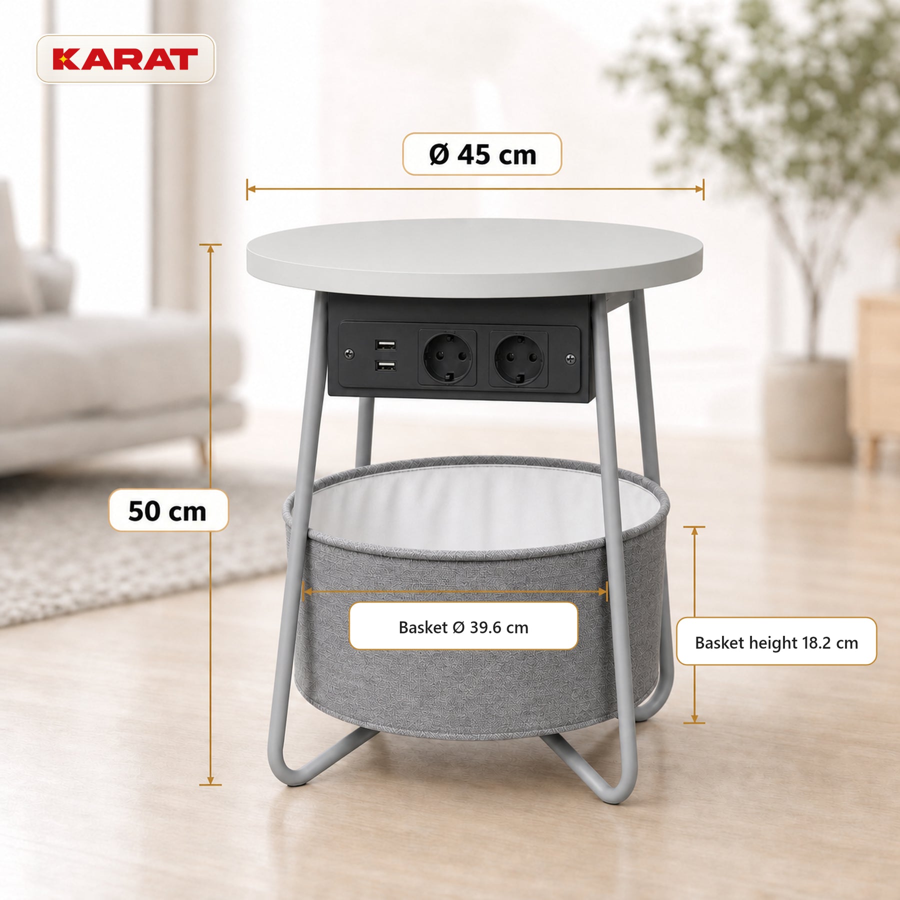 Bijzettafel | Dario | Ronde salontafel met 2 stopcontacten, 2 USB-A & opbergmand | Ø 45 cm | 4 kleuren