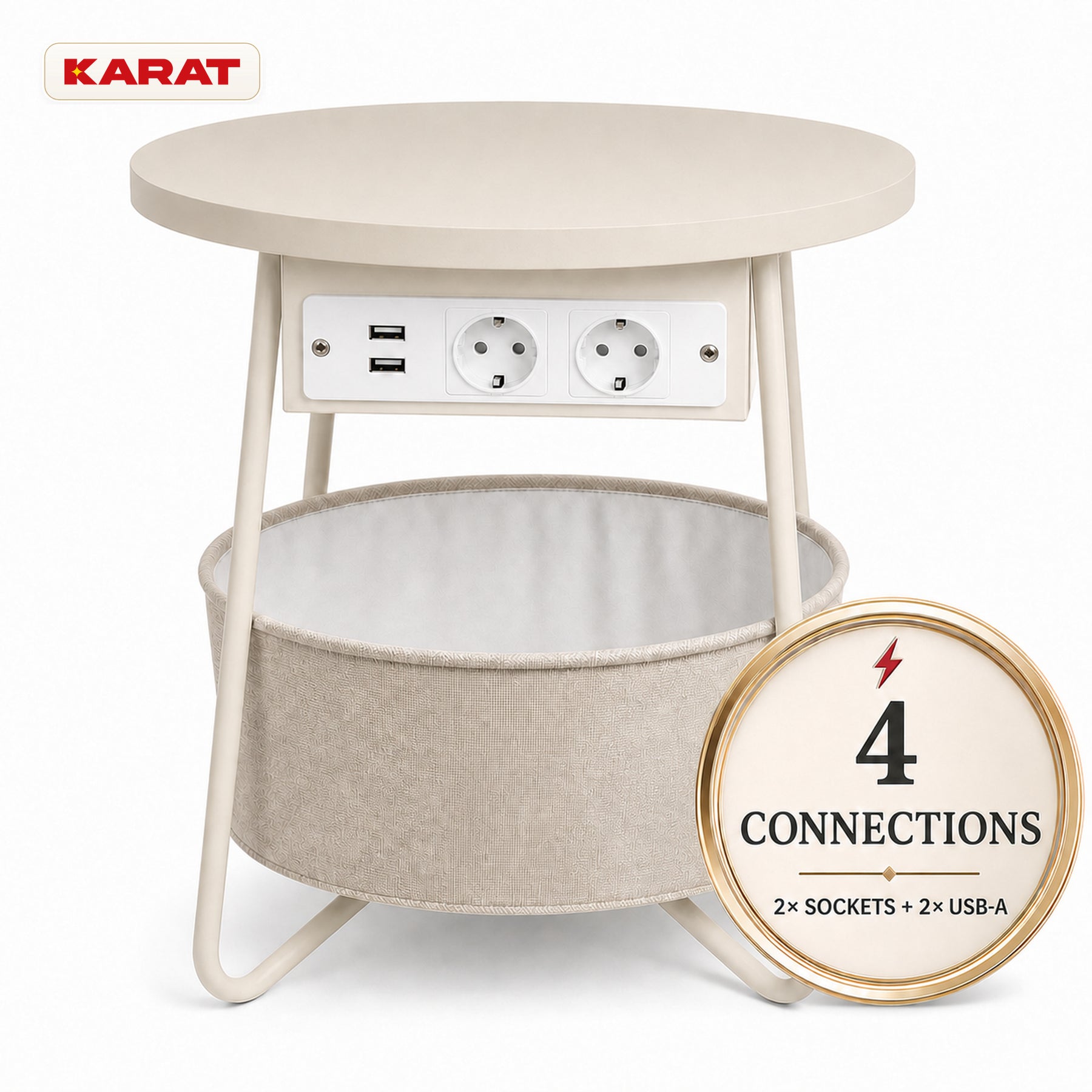 Bijzettafel | Dario | Ronde salontafel met 2 stopcontacten, 2 USB-A & opbergmand | Ø 45 cm | 4 kleuren