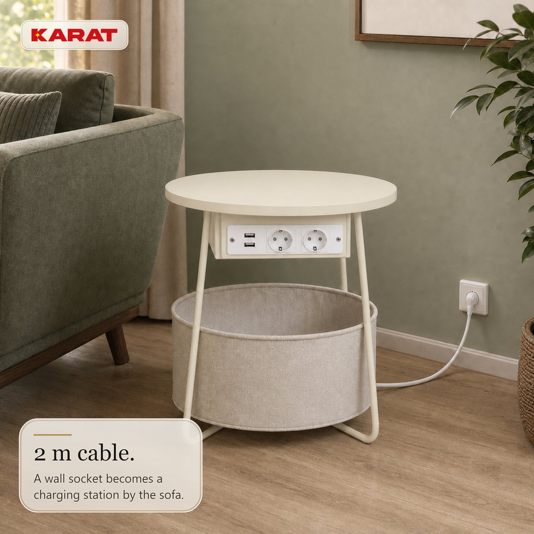 Bijzettafel | Dario | Ronde salontafel met 2 stopcontacten, 2 USB-A & opbergmand | Ø 45 cm | 4 kleuren