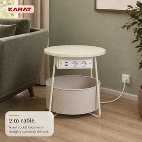 Bijzettafel | Dario | Ronde salontafel met 2 stopcontacten, 2 USB-A & opbergmand | Ø 45 cm | 4 kleuren