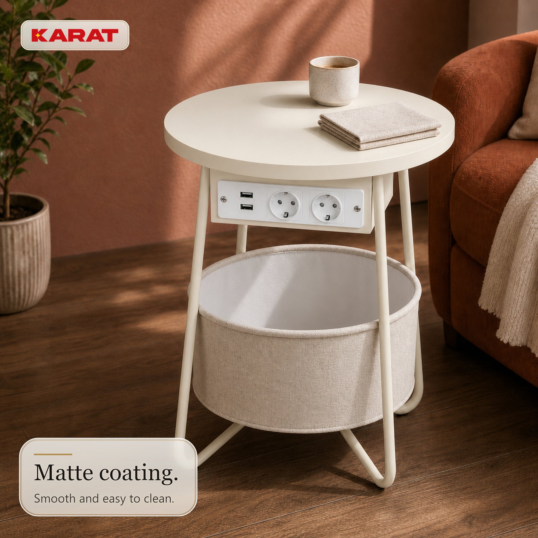 Bijzettafel | Dario | Ronde salontafel met 2 stopcontacten, 2 USB-A & opbergmand | Ø 45 cm | 4 kleuren