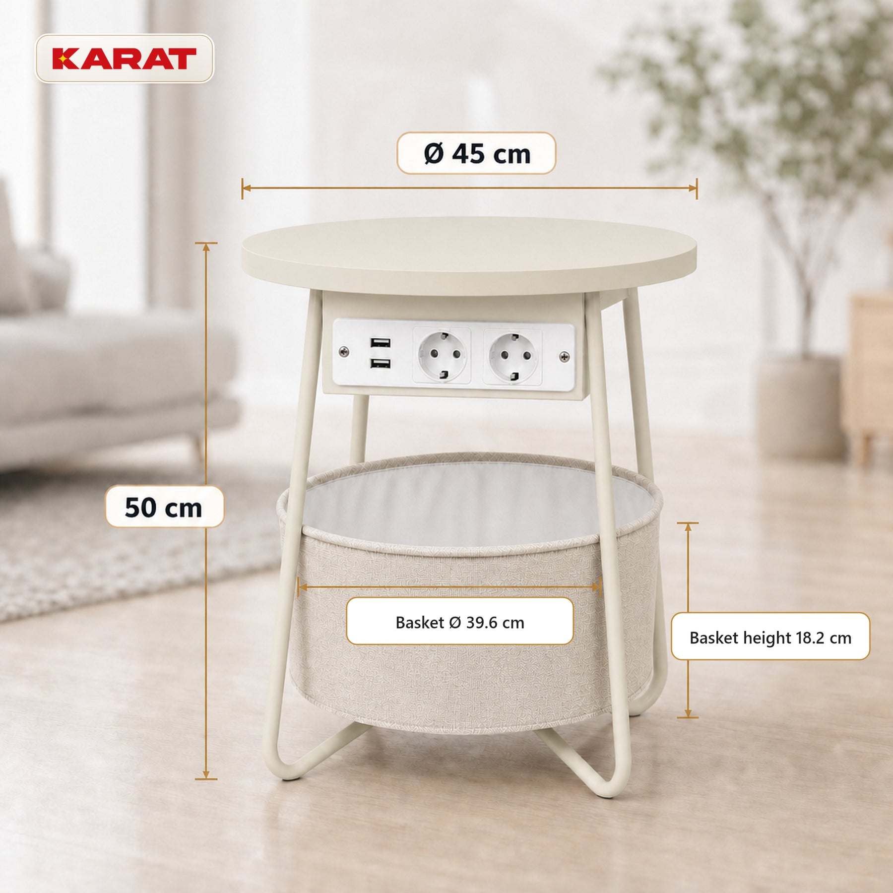 Bijzettafel | Dario | Ronde salontafel met 2 stopcontacten, 2 USB-A & opbergmand | Ø 45 cm | 4 kleuren