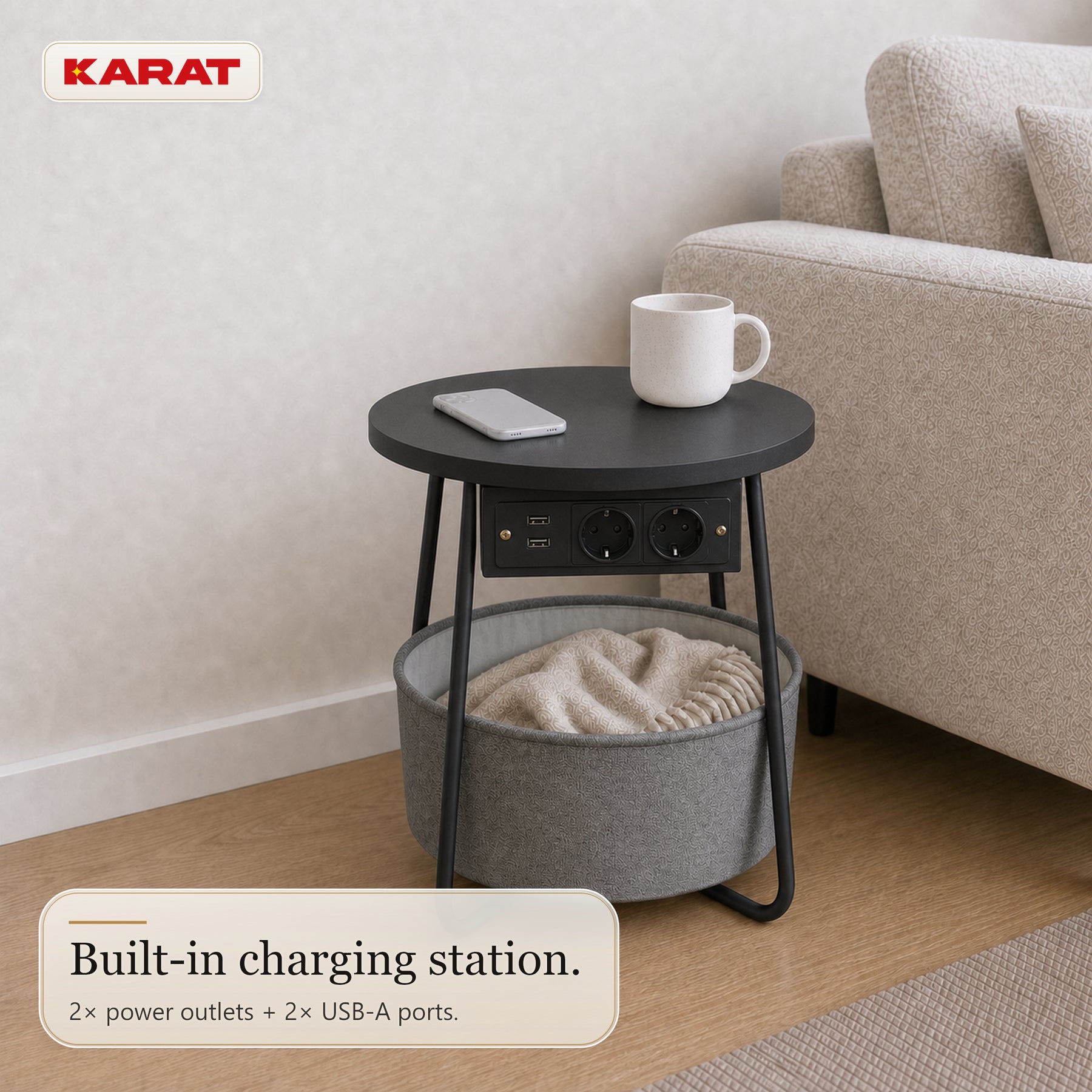 Bijzettafel | Dario | Ronde salontafel met 2 stopcontacten, 2 USB-A & opbergmand | Ø 45 cm | 4 kleuren