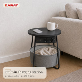 Bijzettafel | Dario | Ronde salontafel met 2 stopcontacten, 2 USB-A & opbergmand | Ø 45 cm | 4 kleuren