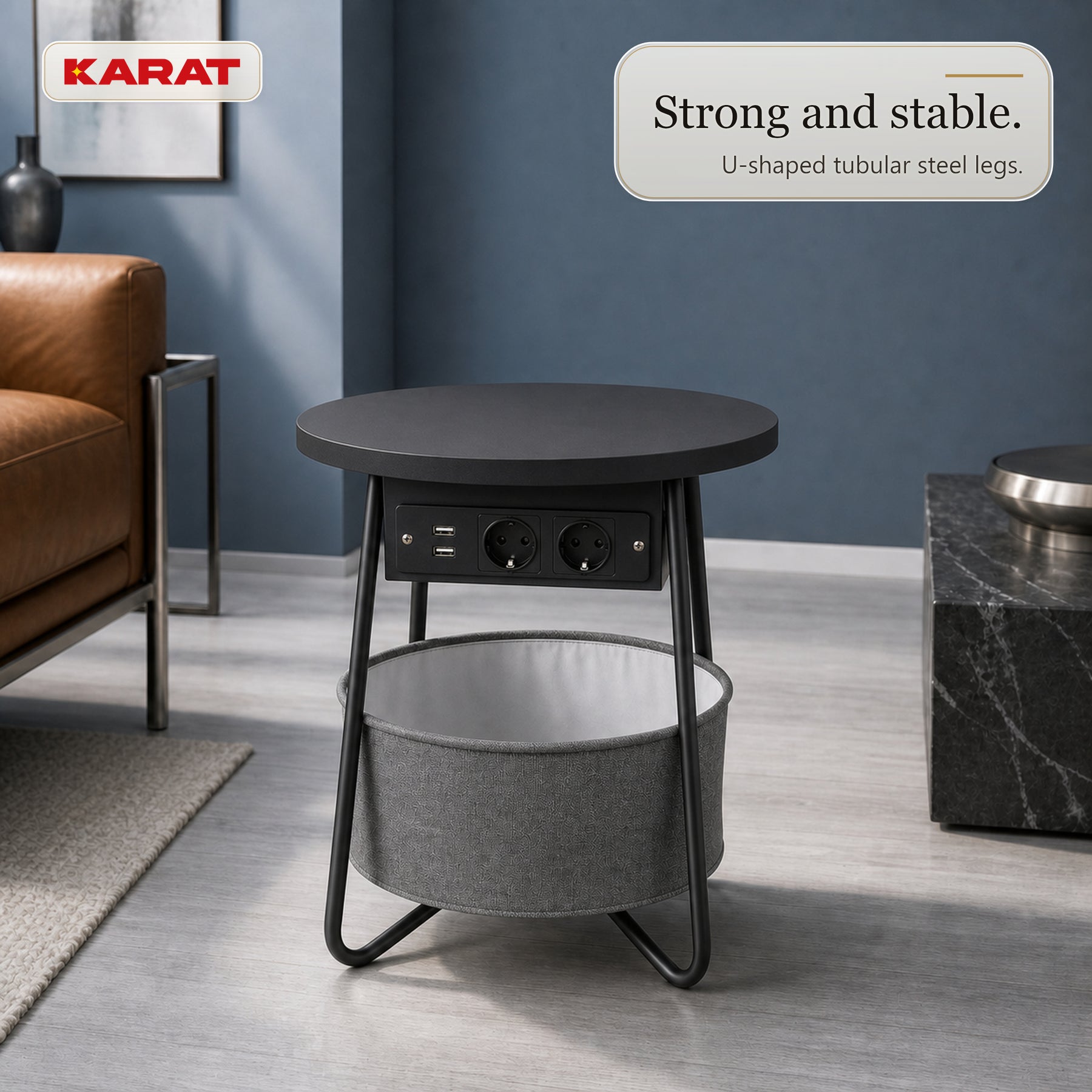Bijzettafel | Dario | Ronde salontafel met 2 stopcontacten, 2 USB-A & opbergmand | Ø 45 cm | 4 kleuren