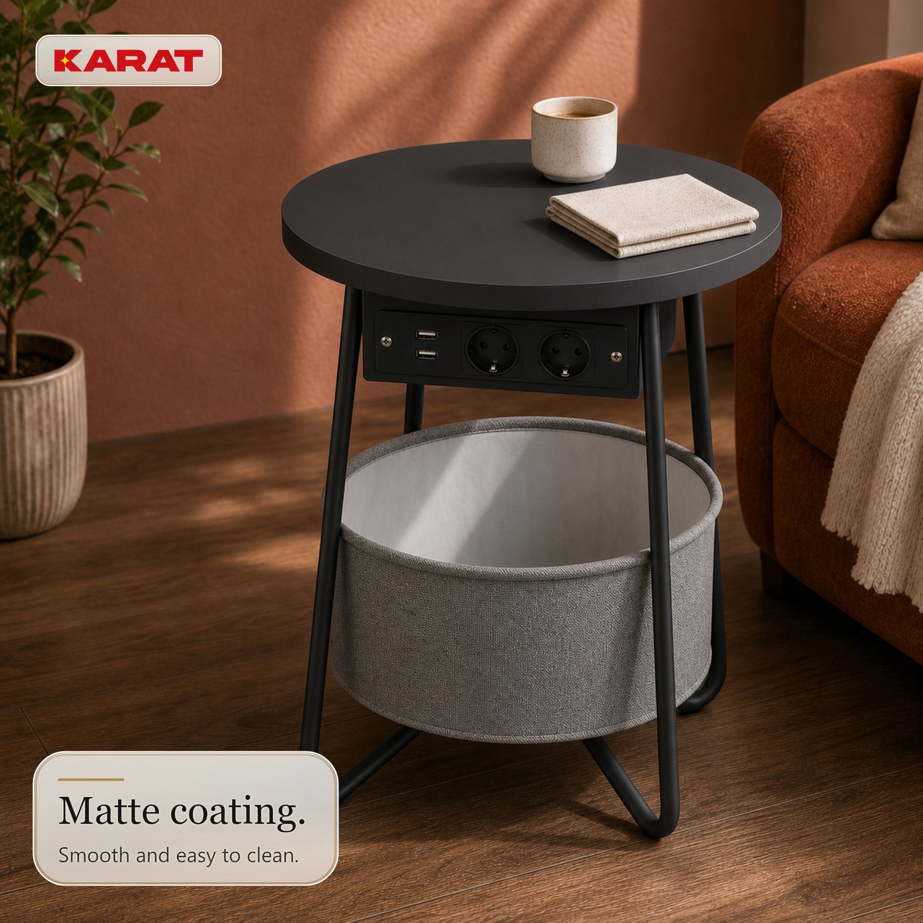 Bijzettafel | Dario | Ronde salontafel met 2 stopcontacten, 2 USB-A & opbergmand | Ø 45 cm | 4 kleuren
