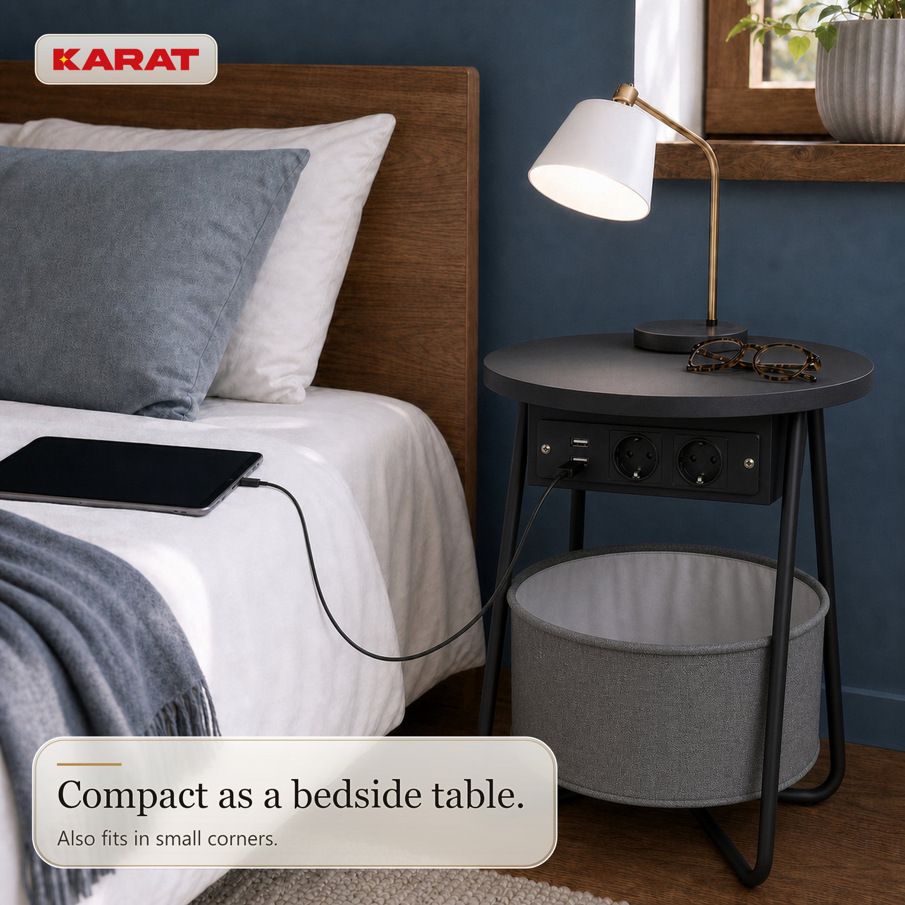 Bijzettafel | Dario | Ronde salontafel met 2 stopcontacten, 2 USB-A & opbergmand | Ø 45 cm | 4 kleuren