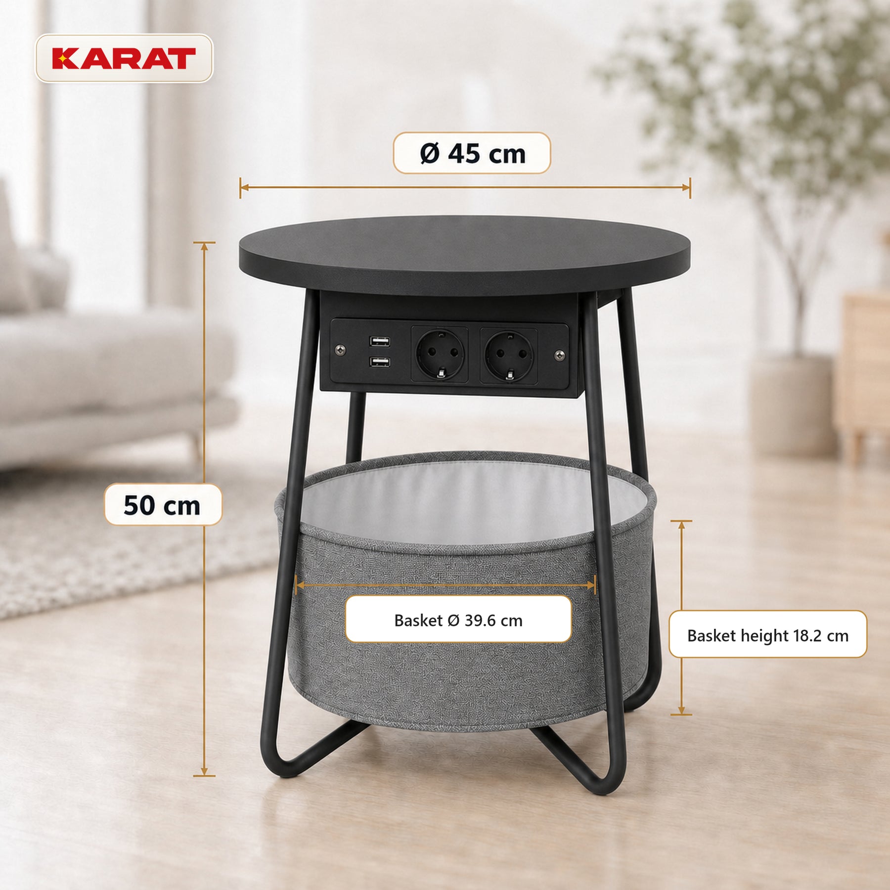 Bijzettafel | Dario | Ronde salontafel met 2 stopcontacten, 2 USB-A & opbergmand | Ø 45 cm | 4 kleuren