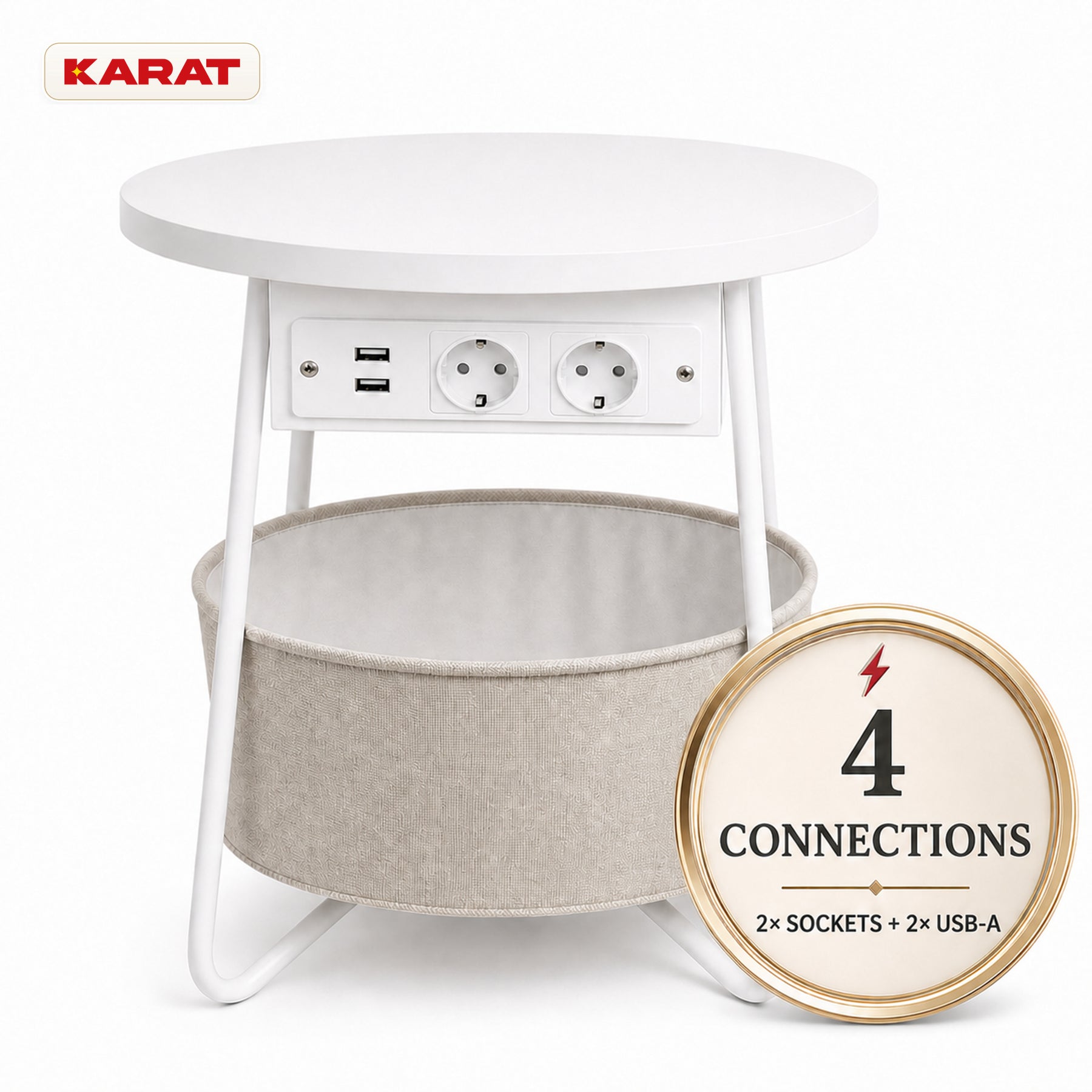 Bijzettafel | Dario | Ronde salontafel met 2 stopcontacten, 2 USB-A & opbergmand | Ø 45 cm | 4 kleuren