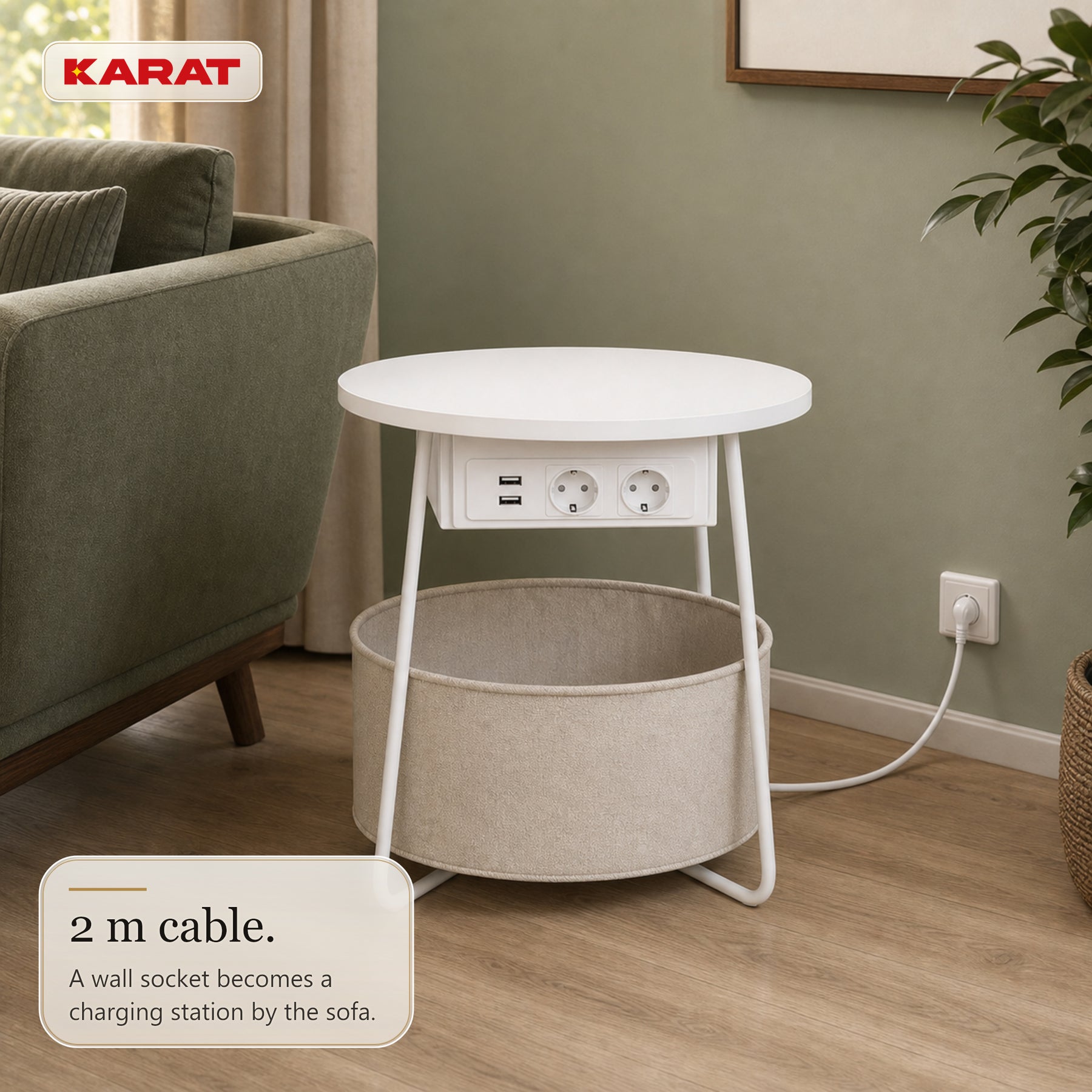 Bijzettafel | Dario | Ronde salontafel met 2 stopcontacten, 2 USB-A & opbergmand | Ø 45 cm | 4 kleuren