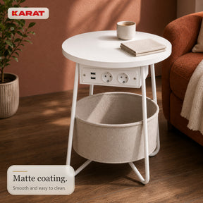 Bijzettafel | Dario | Ronde salontafel met 2 stopcontacten, 2 USB-A & opbergmand | Ø 45 cm | 4 kleuren