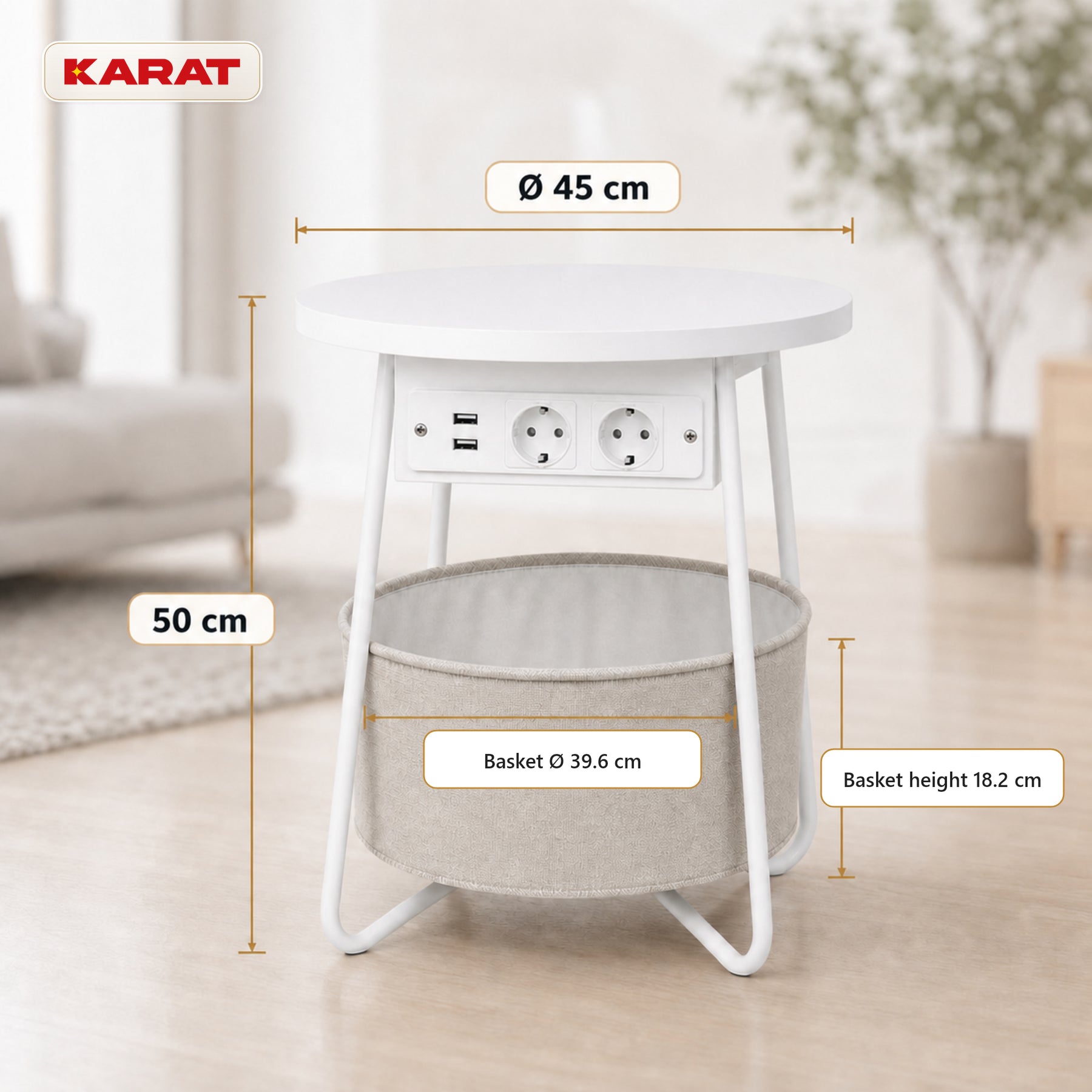 Bijzettafel | Dario | Ronde salontafel met 2 stopcontacten, 2 USB-A & opbergmand | Ø 45 cm | 4 kleuren