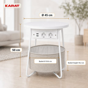 Bijzettafel | Dario | Ronde salontafel met 2 stopcontacten, 2 USB-A & opbergmand | Ø 45 cm | 4 kleuren