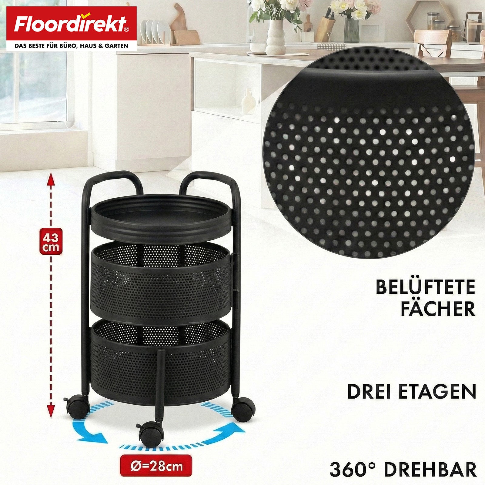 Rolwagen | Henry | Keukentrolley van staal met wielen | Serveerwagen | 3 of 5 niveaus | Wit & Zwart