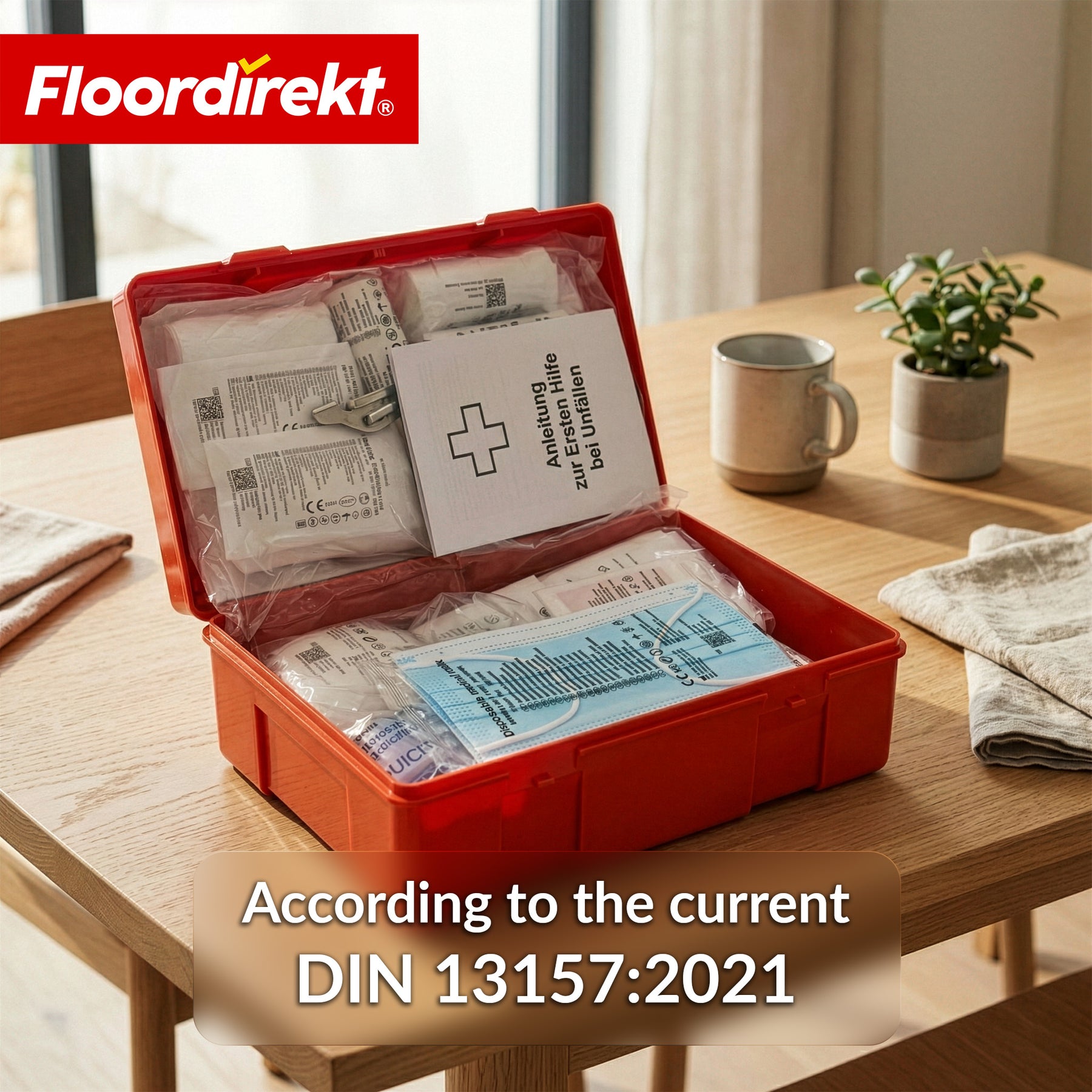 EHBO-koffer | DIN 13157:2021 | Verbanddoos met wandhouder & ISO-stickers