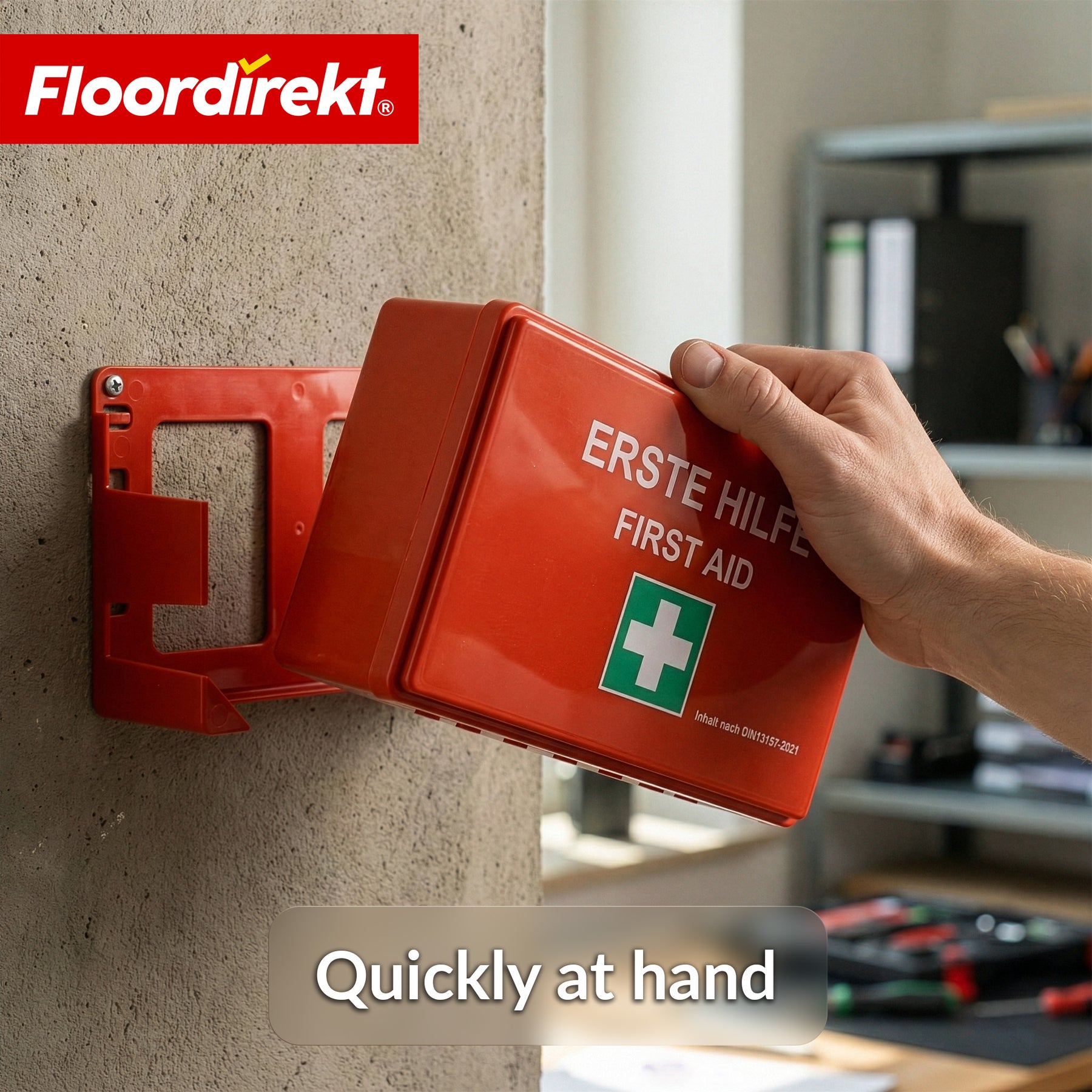 EHBO-koffer | DIN 13157:2021 | Verbanddoos met wandhouder & ISO-stickers