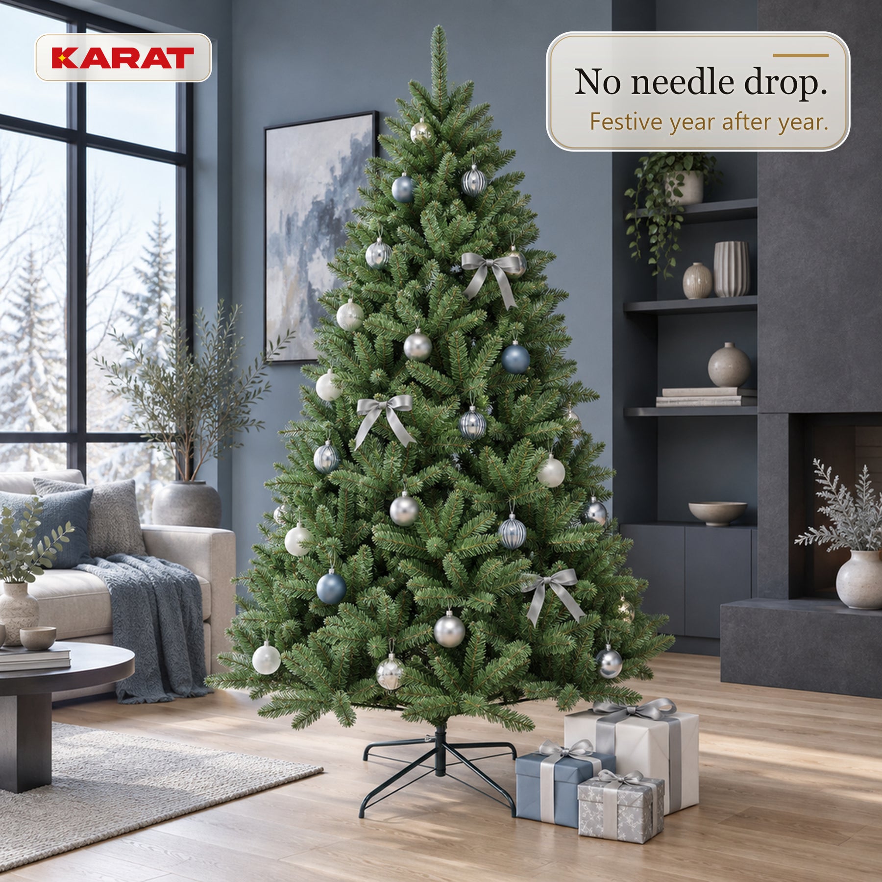 Kunstkerstboom | Evergreen | Dichte sparrenlook met metalen standaard | 150–240 cm