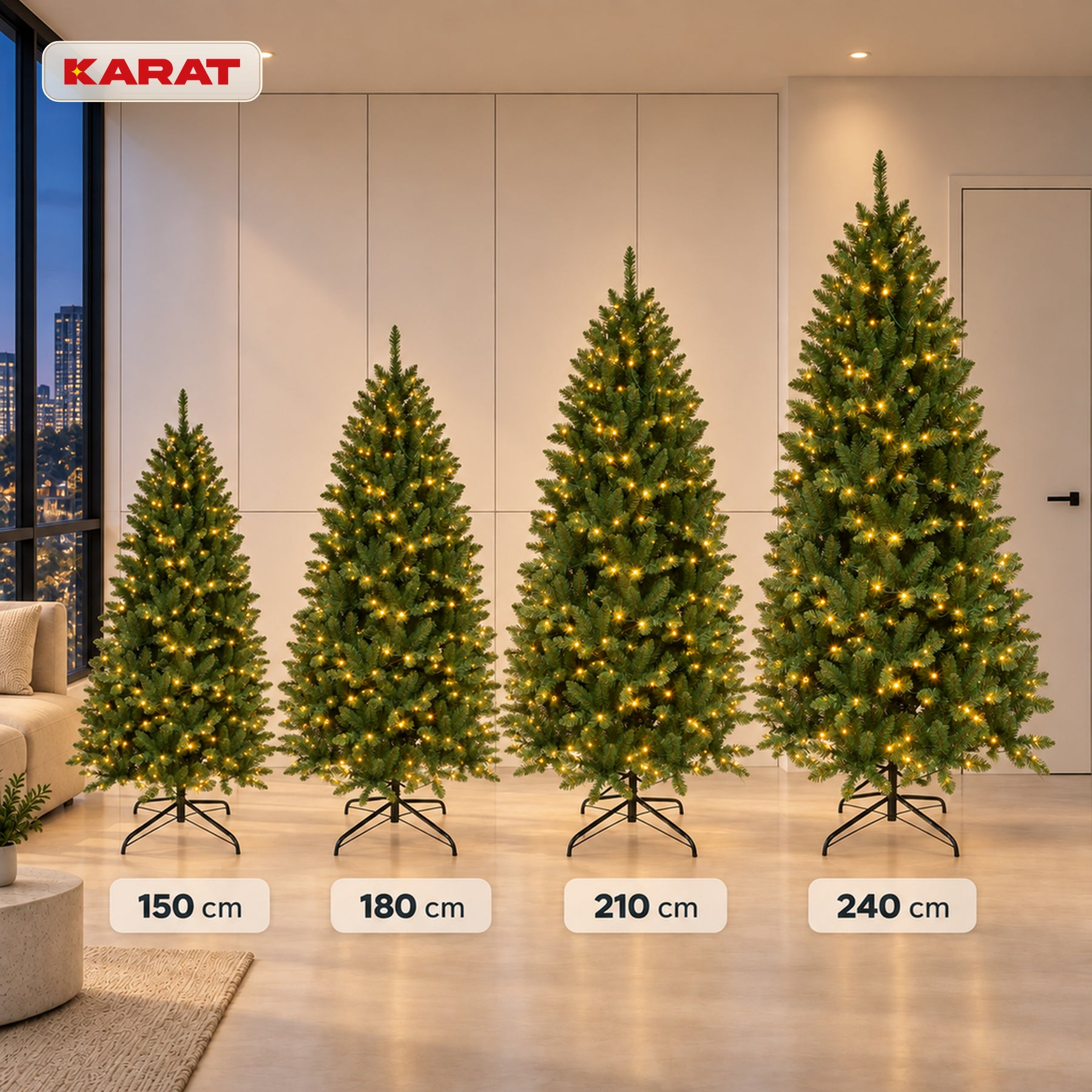 Kunstkerstboom met LED-verlichting | Evergreen | Warmwitte LEDs & metalen standaard | 150–240 cm