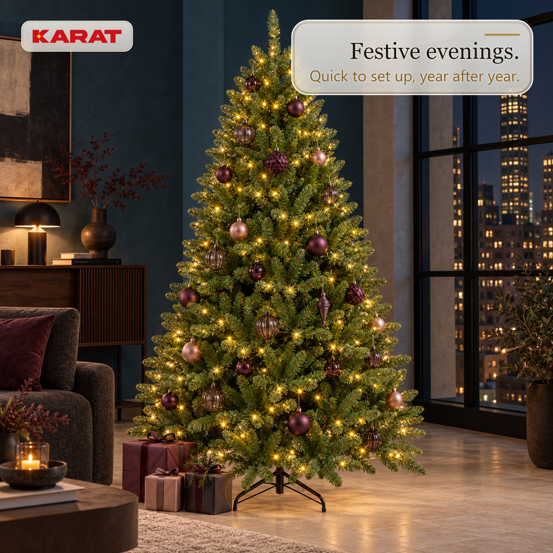 Kunstkerstboom met LED-verlichting | Evergreen | Warmwitte LEDs & metalen standaard | 150–240 cm