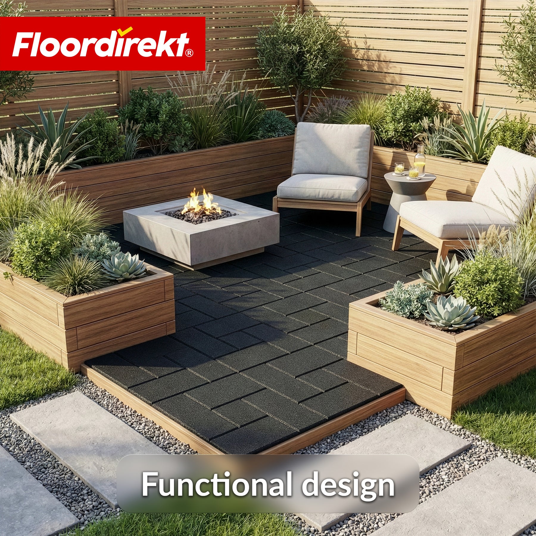 Valbeschermingsmat | Paving Tile | 50x50 cm 25 mm | Rubbertegel in klinkeroptiek | Terras, tuin & buitenruimte