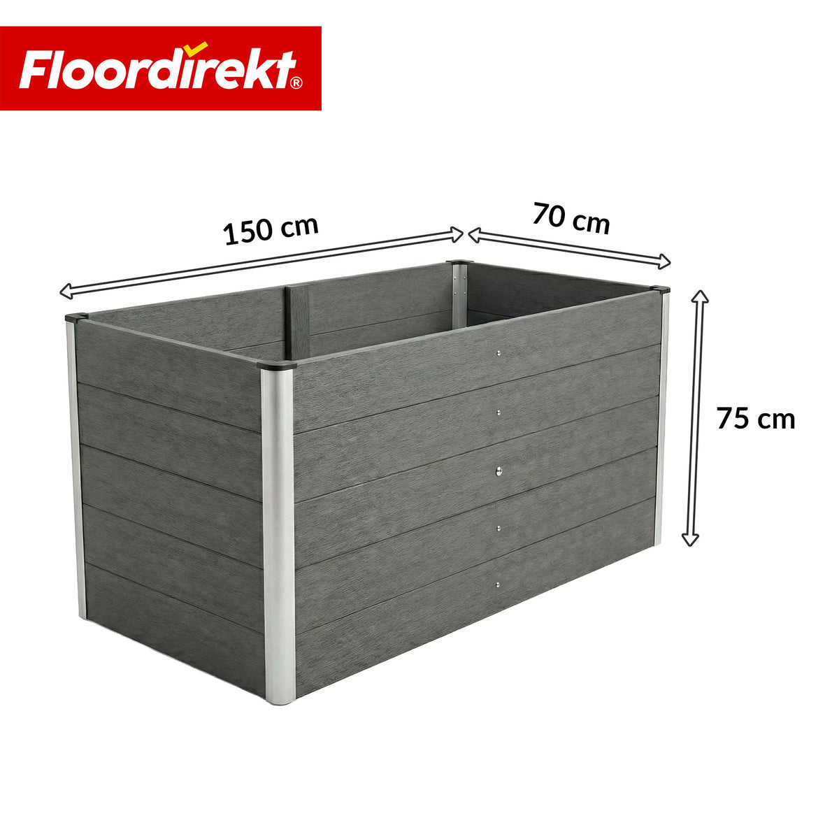 WPC-hoogbed | Delos | 150 x 70 x 75 cm | Extra stabiel met steunbalk | Antraciet | Met aluminium hoekprofielen