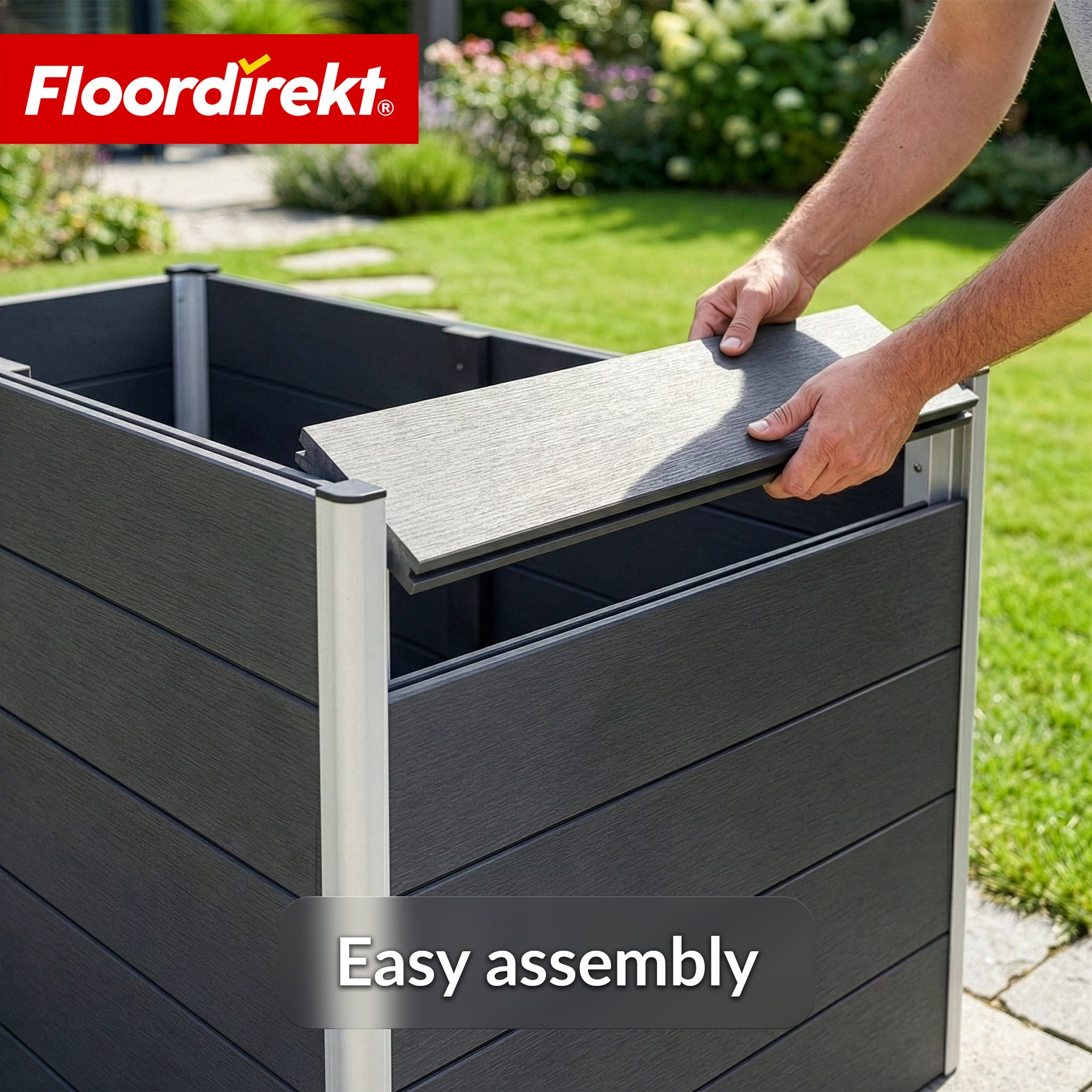 WPC-hoogbed | Delos | 150 x 70 x 75 cm | Extra stabiel met steunbalk | Antraciet | Met aluminium hoekprofielen