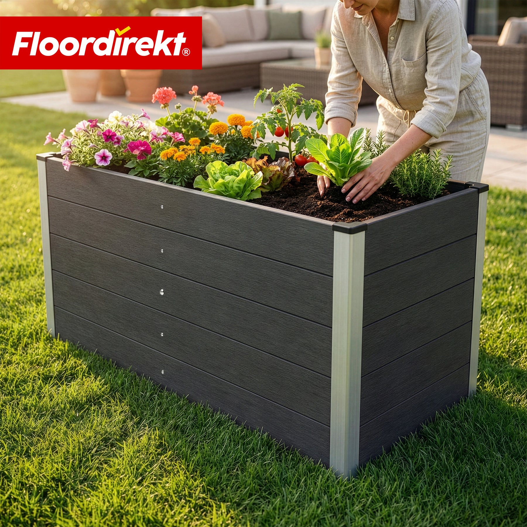 WPC-hoogbed | Delos | 150 x 70 x 75 cm | Extra stabiel met steunbalk | Antraciet | Met aluminium hoekprofielen