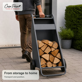 Haardhoutrek | Paolo | Mobiele houtopslag met 2 wielen & gevoerde handgreep | 43 × 56 × 116 cm