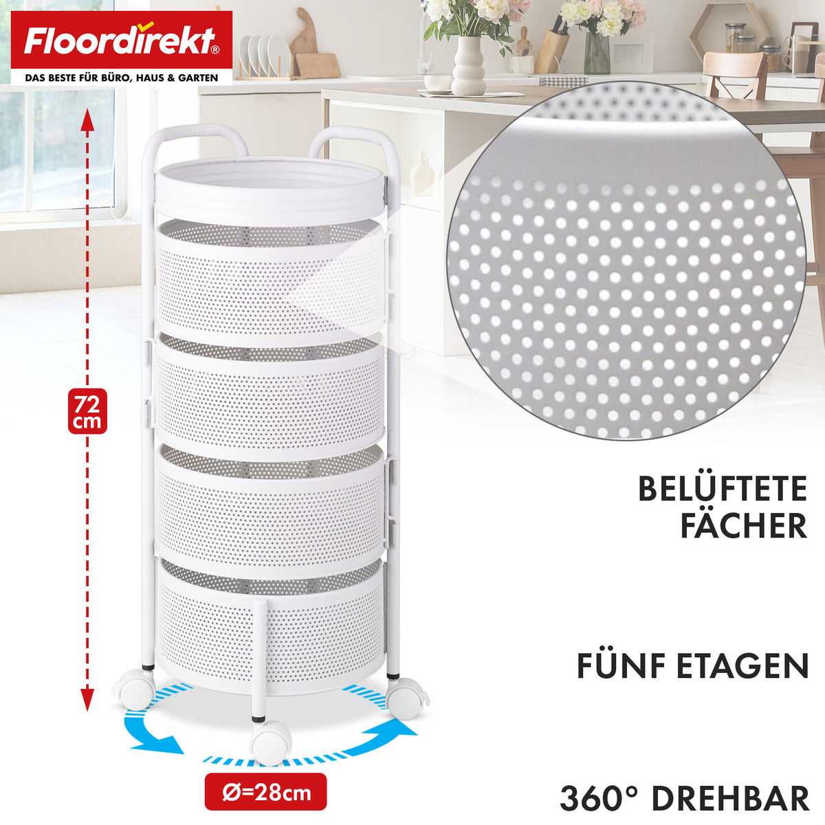 Rolwagen | Henry | Witte stalen rek voor keuken en badkamer | 5 niveaus met uitklapbare manden