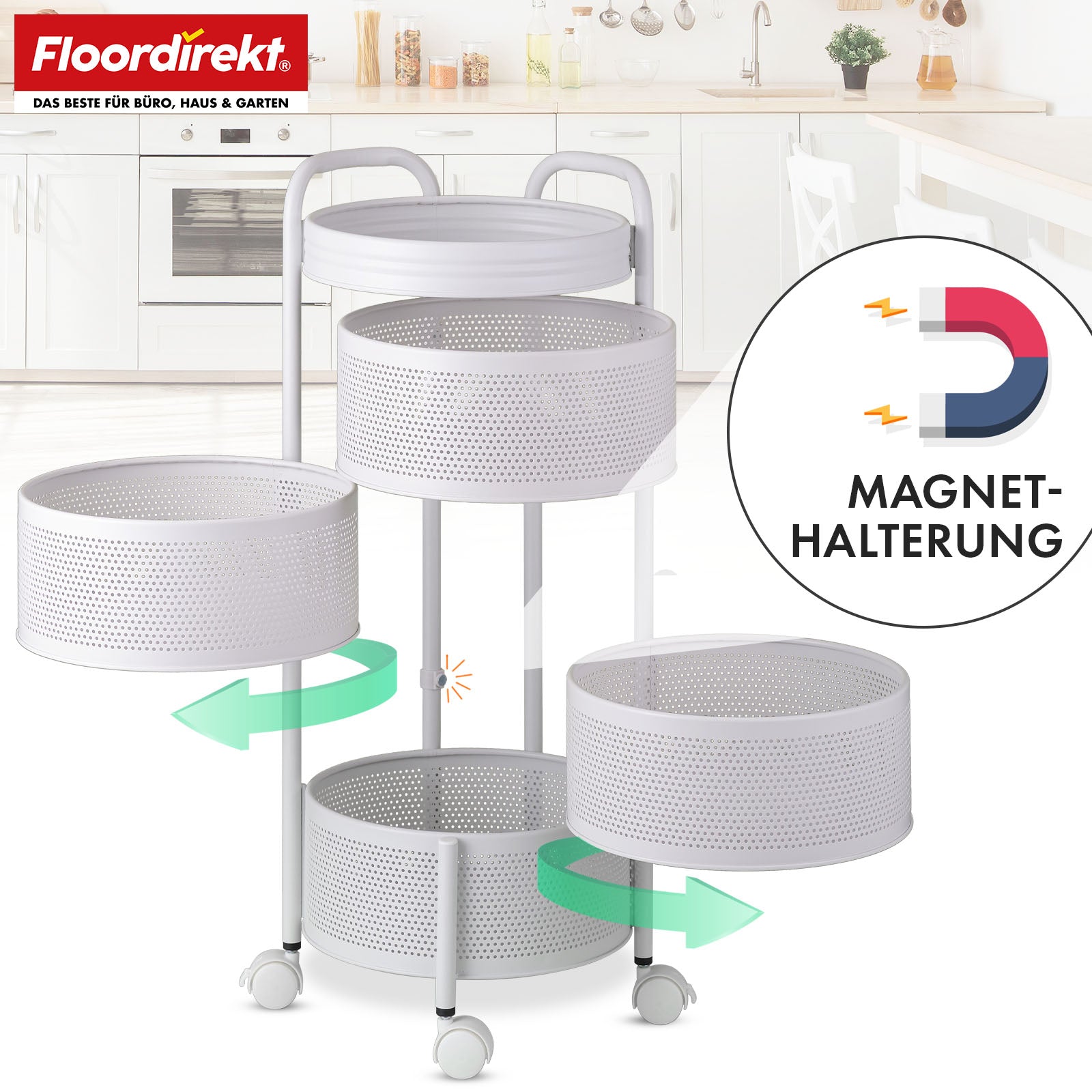 Rolwagen | Henry | Witte stalen rek voor keuken en badkamer | 5 niveaus met uitklapbare manden