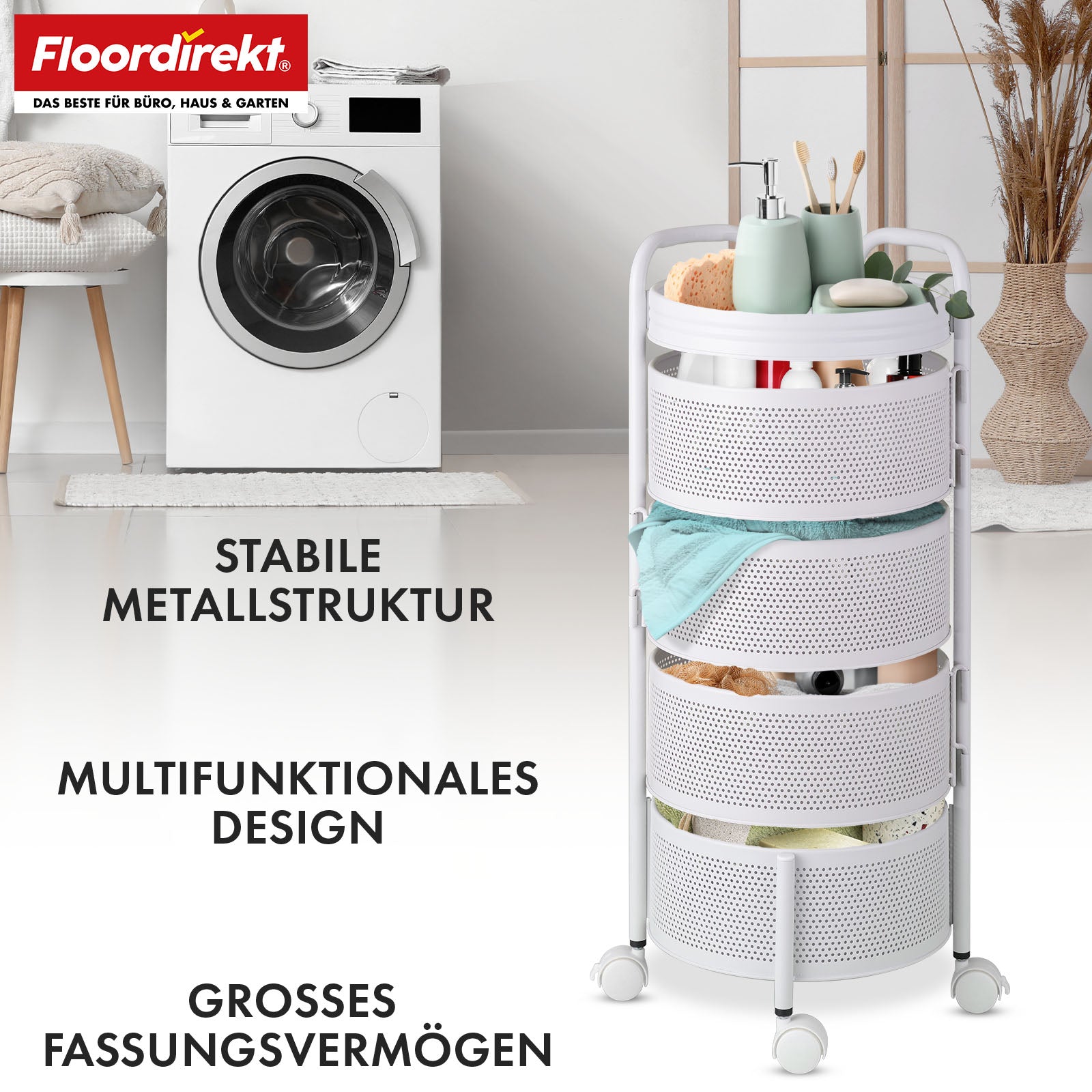 Rolwagen | Henry | Witte stalen rek voor keuken en badkamer | 5 niveaus met uitklapbare manden