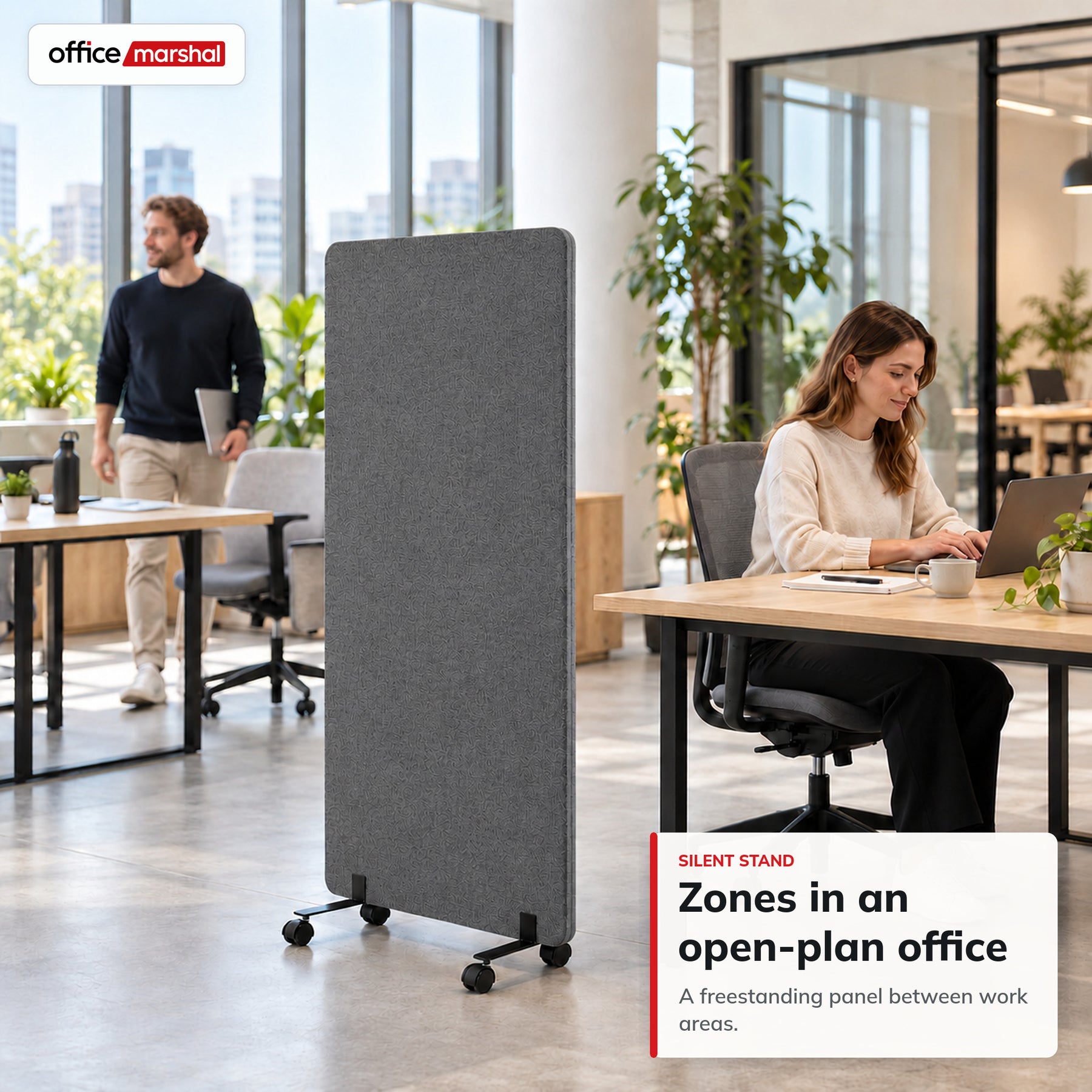 Akoestische scheidingswand op wielen | Silent Stand | Mobiel kamerscherm van polyester | 3 maten