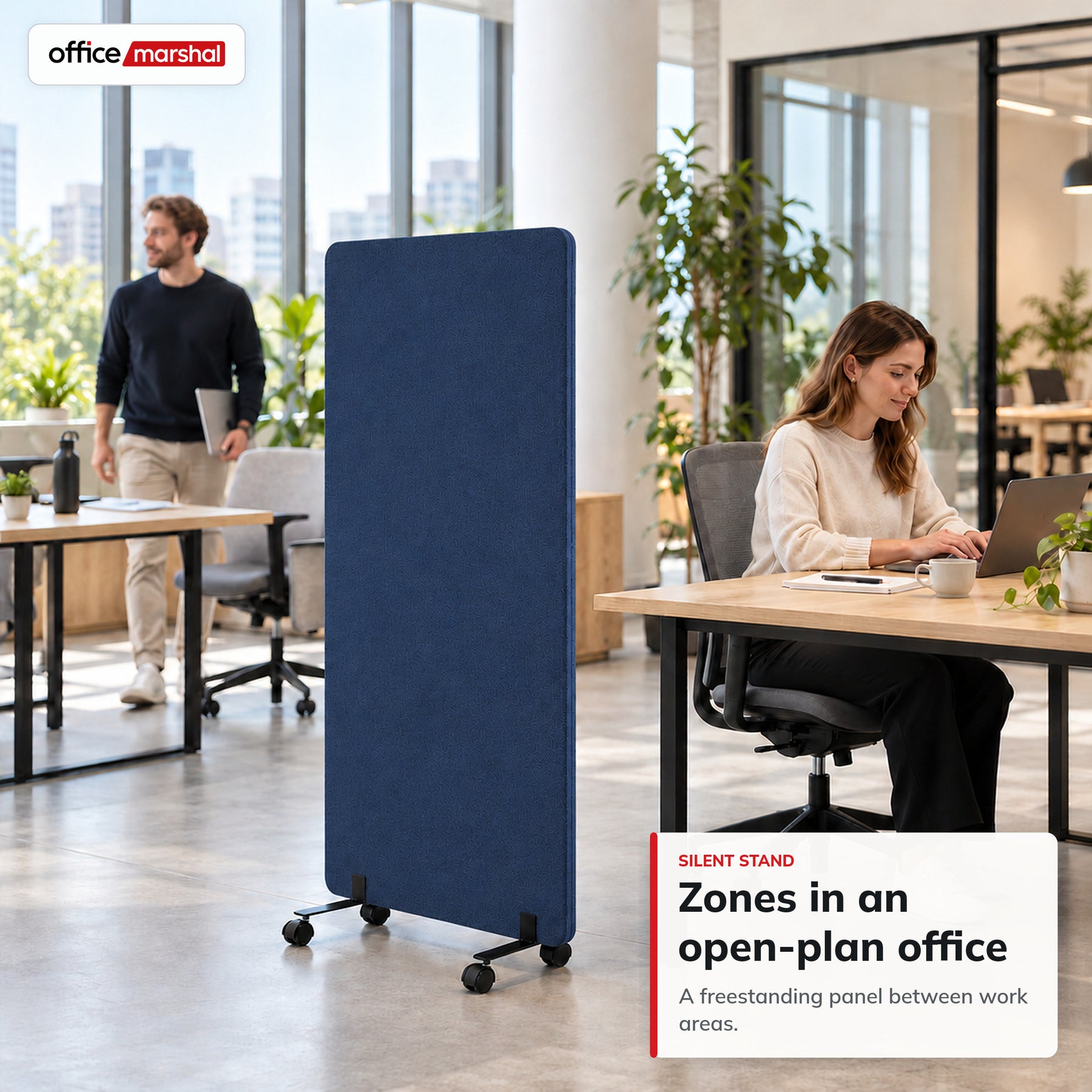 Akoestische scheidingswand op wielen | Silent Stand | Mobiel kamerscherm van polyester | 3 maten