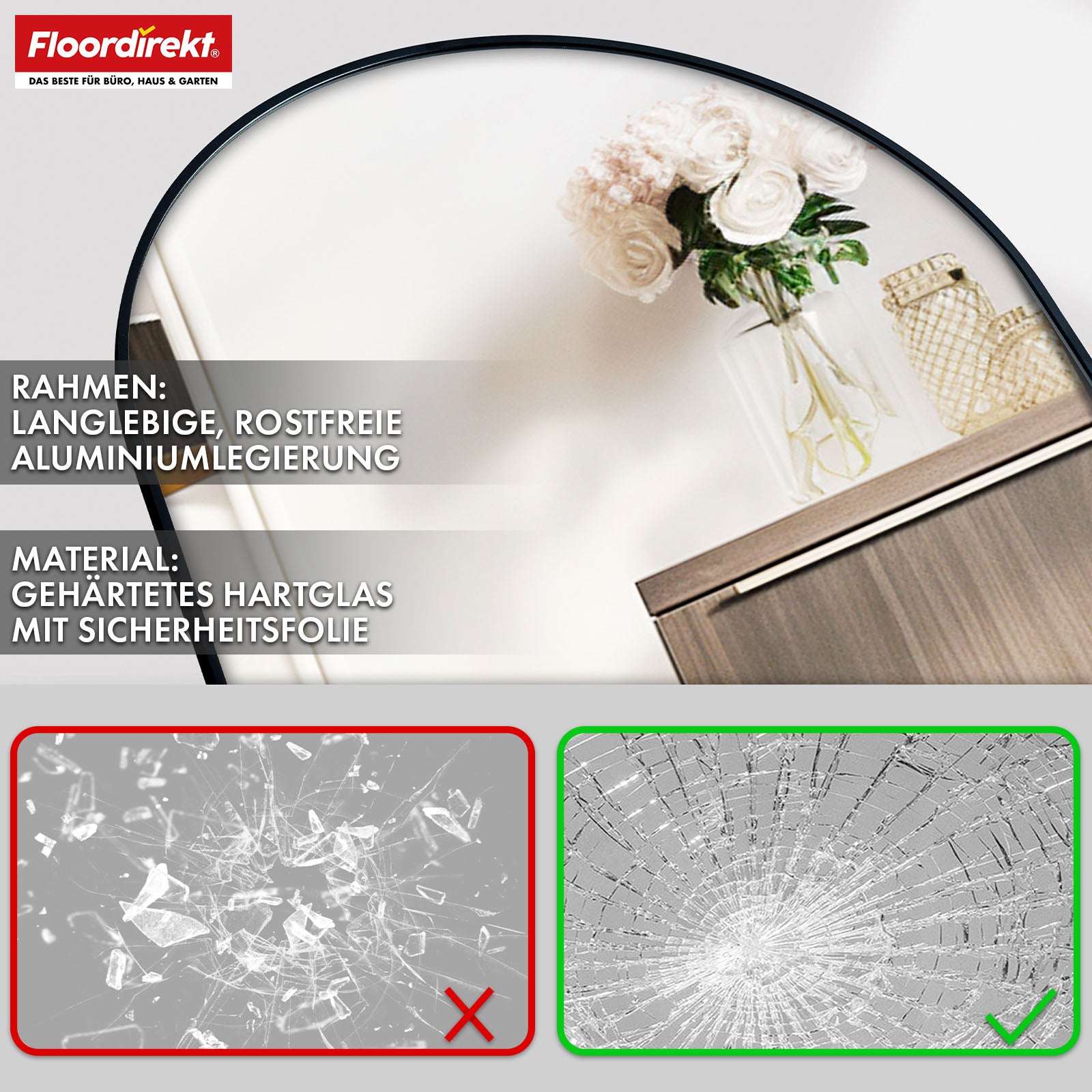 Lichaamsspiegel | Madison | Zwart gebogen aluminium frame | Vrijstaand & wandmontage