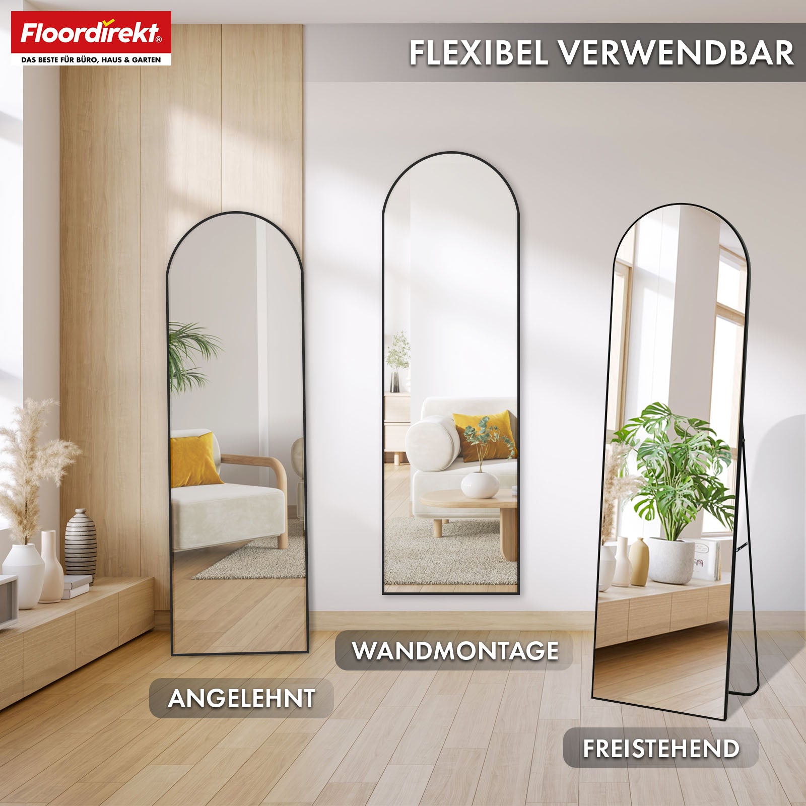 Lichaamsspiegel | Madison | Zwart gebogen aluminium frame | Vrijstaand & wandmontage