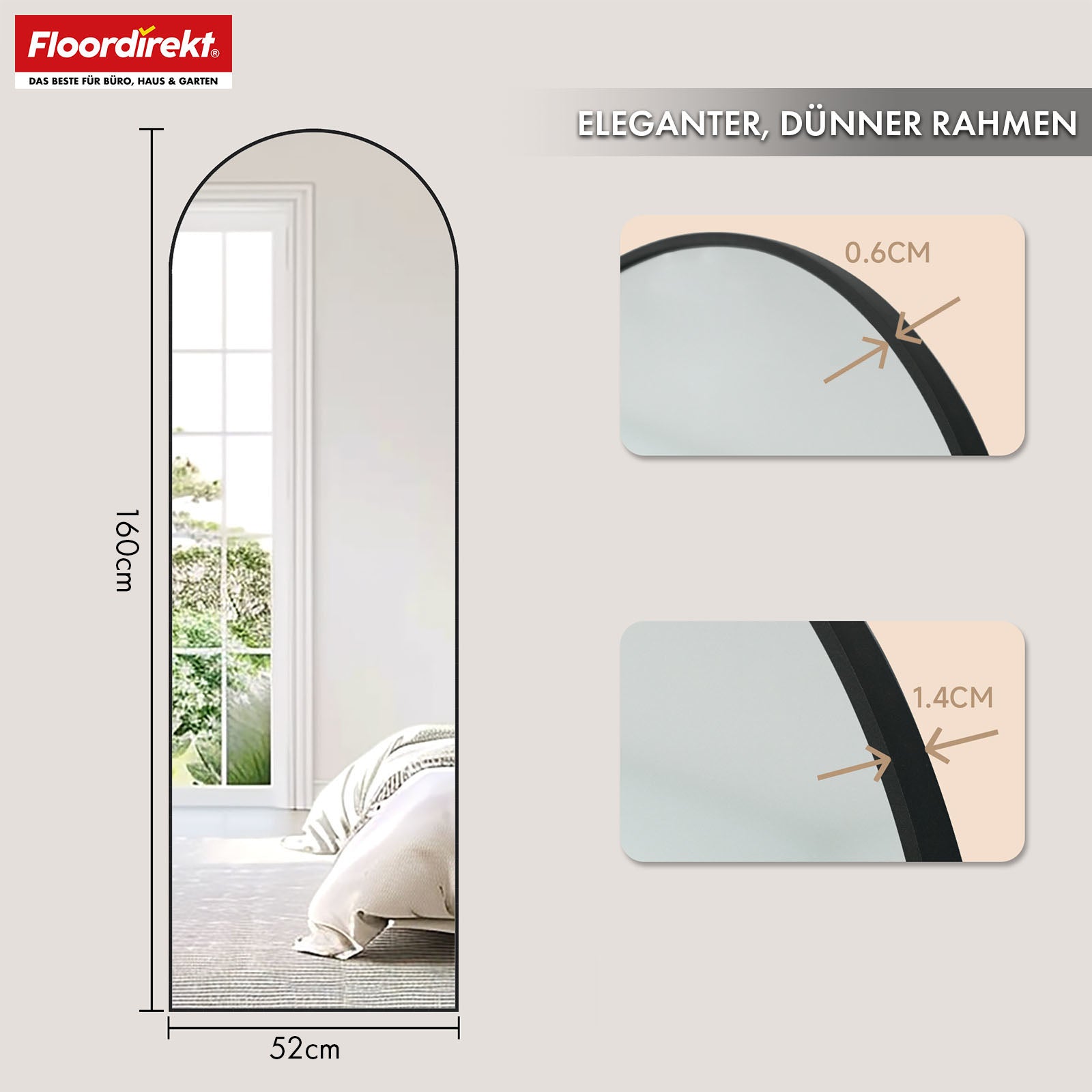 Lichaamsspiegel | Madison | Zwart gebogen aluminium frame | Vrijstaand & wandmontage