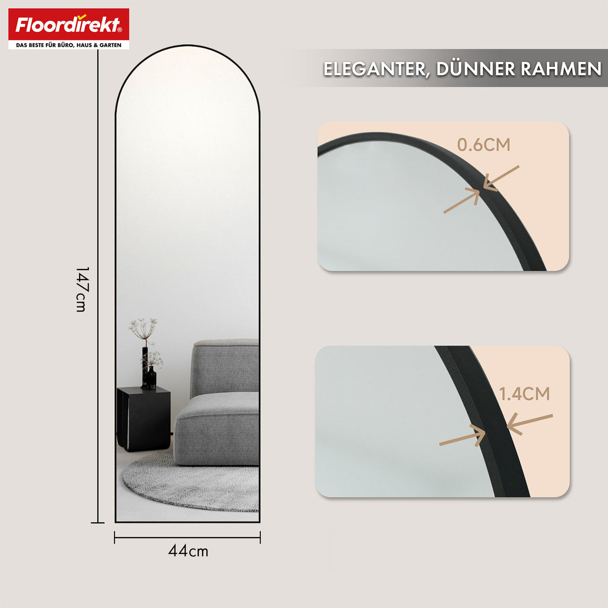 Lichaamsspiegel | Madison | Zwart gebogen aluminium frame | Vrijstaand & wandmontage