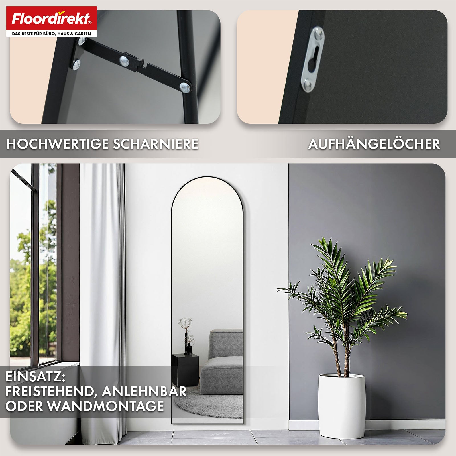 Lichaamsspiegel | Madison | Zwart gebogen aluminium frame | Vrijstaand & wandmontage