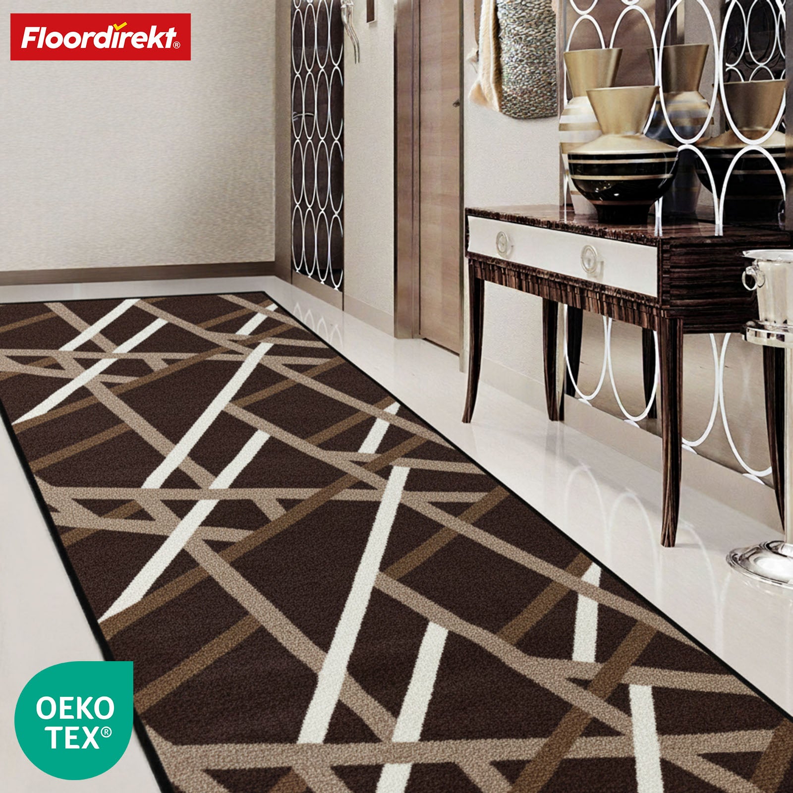 Loper Printed | In Antraciet & Bruin | Moderne loper met streepdessin & antislip gel-onderkant | Duurzaam & onderhoudsvriendelijk