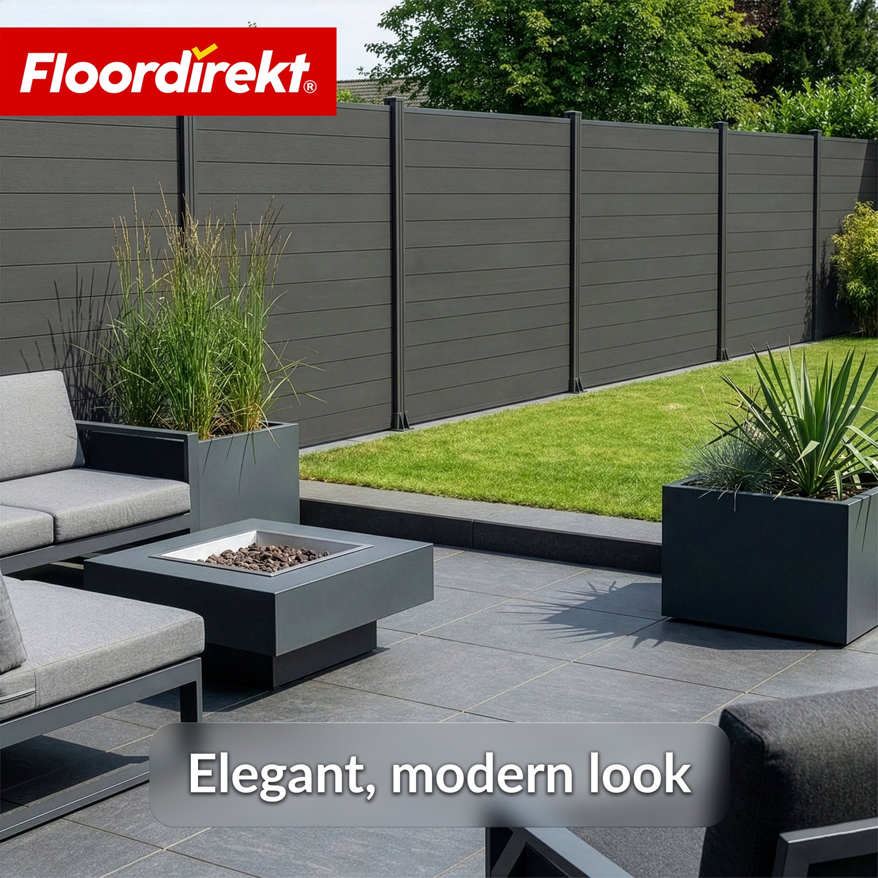 WPC-afscheidingsscherm | Ponza | 180 x 180 cm | Moderne zicht- & windbescherming in zwart met aluminium palen