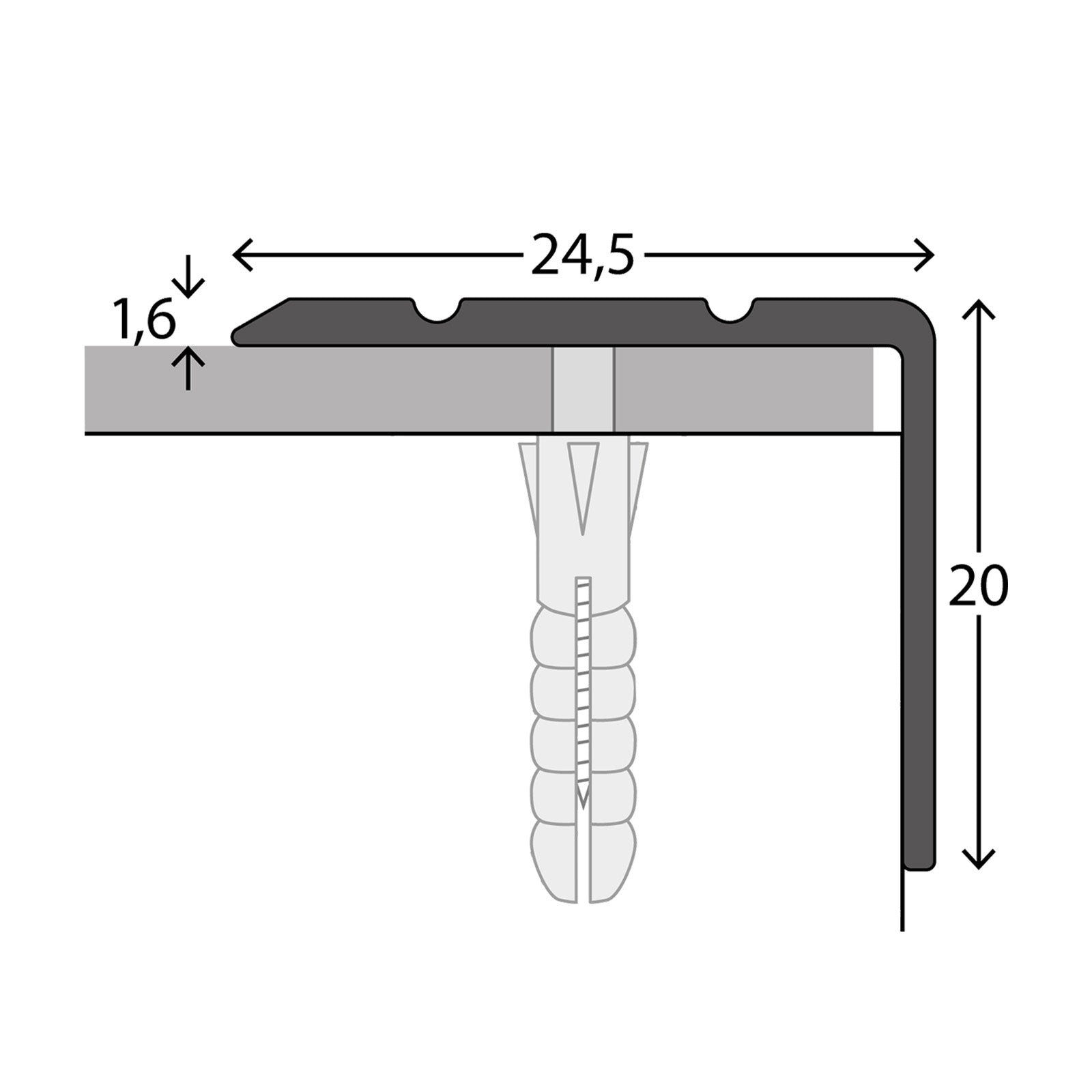 Trapprofiel | Voor traptreden & bordessen | Aluminium | 24,5 x 20 mm